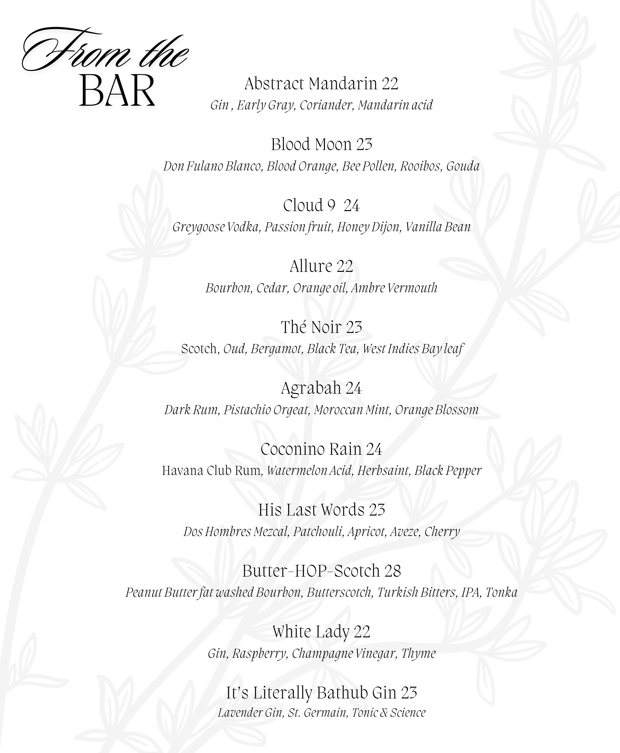 Menu — Thyme Bar NYC Flatiron Cocktail Speakeasy Bar