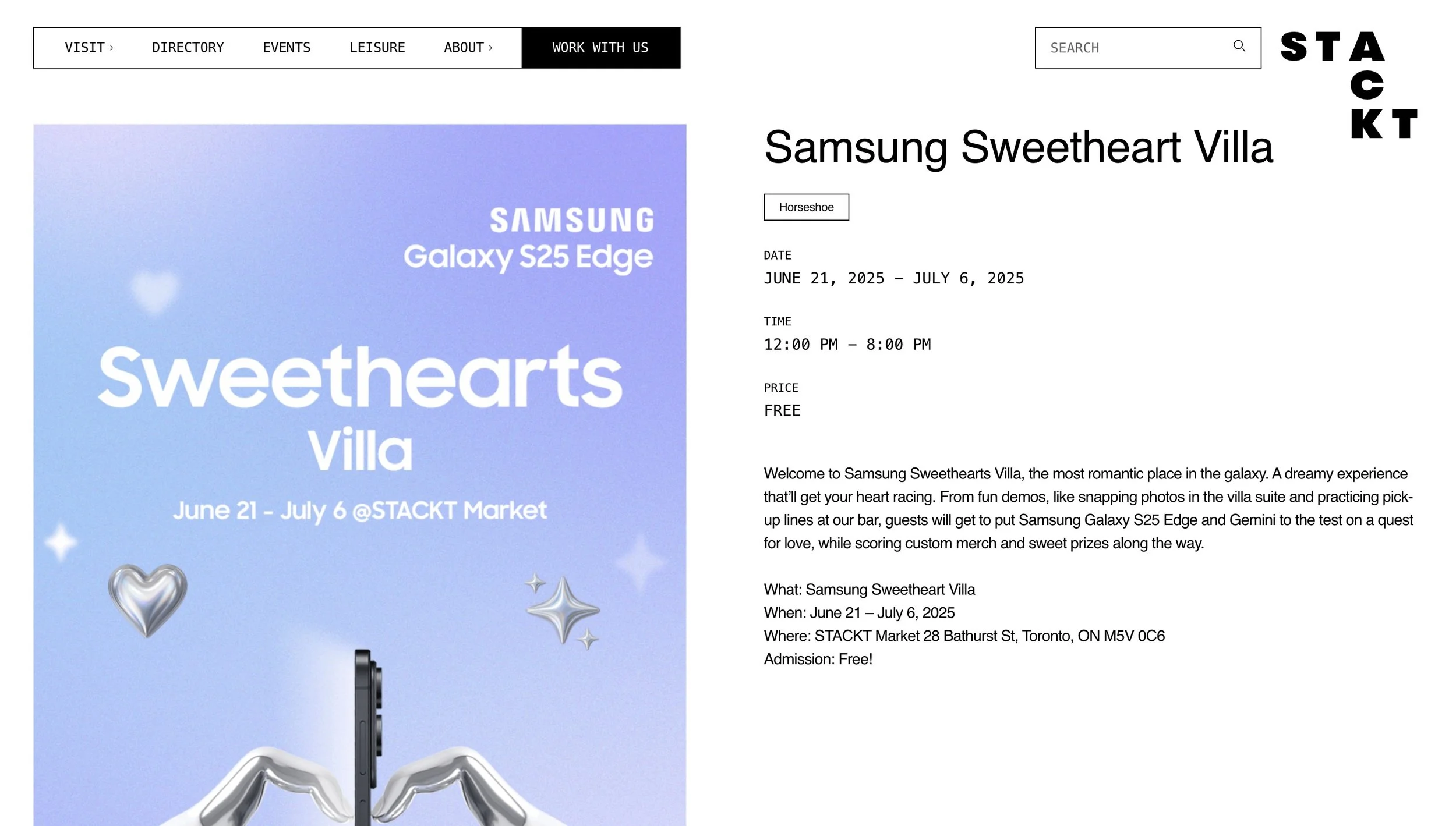 Landing page for Sweethearts Villa on the official STACKT Market site