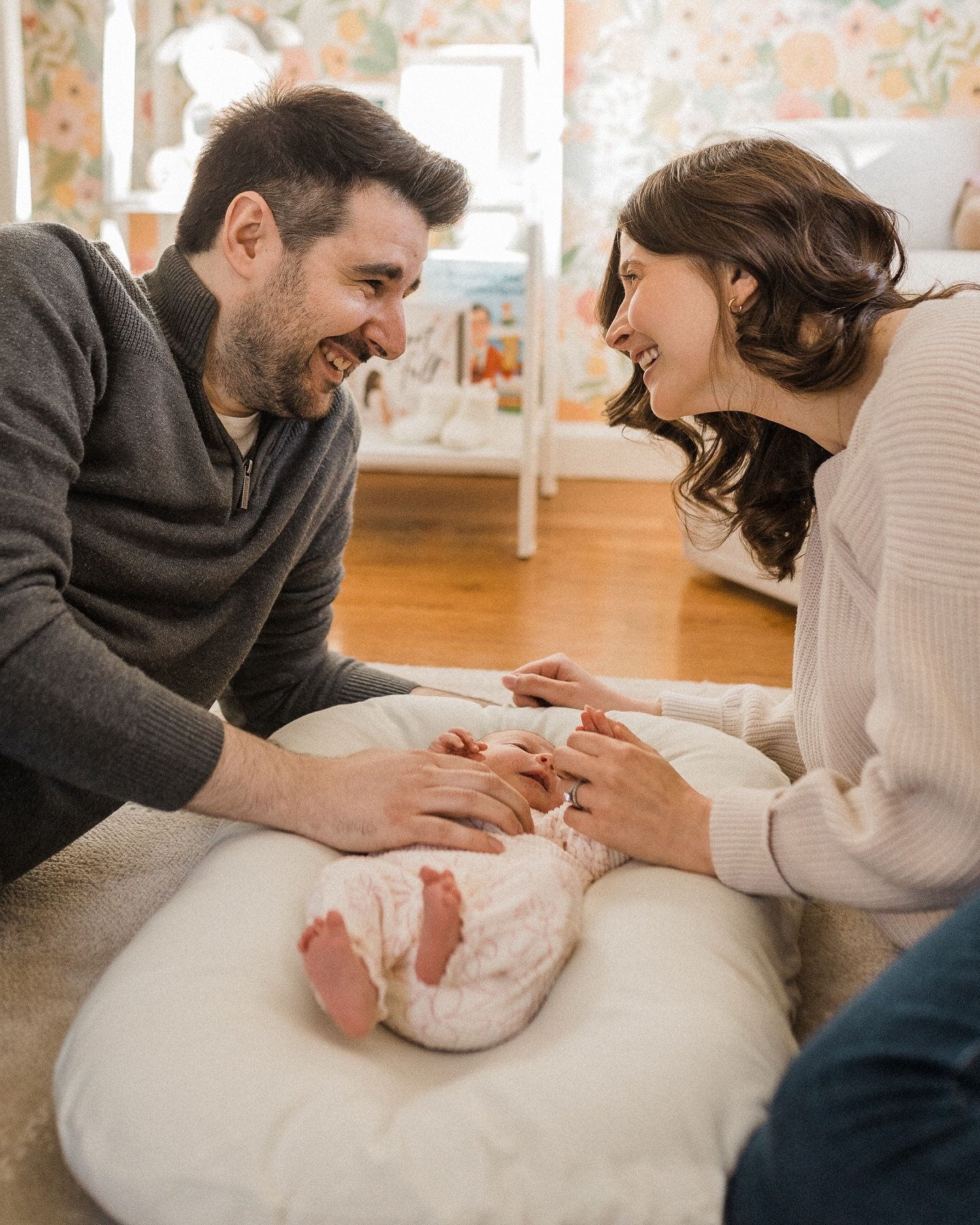 Dan and Meg and their littlest love, Riley 💕 this was such a special session earlier this year! All the color and floral touches in Riley&rsquo;s nursery made our time together feel warm and slowed down, just as it should be with a newborn!