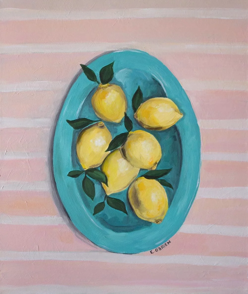 Contemporary Still Life Original Painting Stripes Lemons Plate