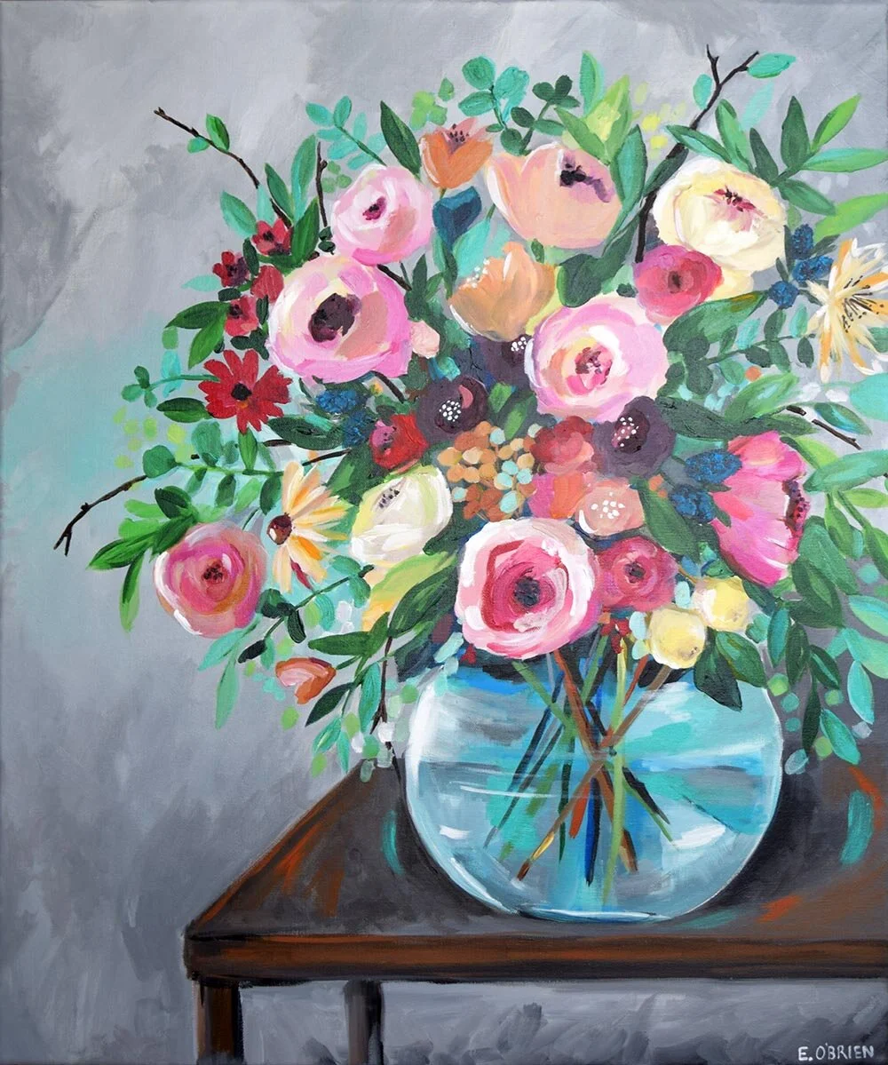 Vibrant Floral Painting Wall Art Print, Vase on Table, "Mornings"