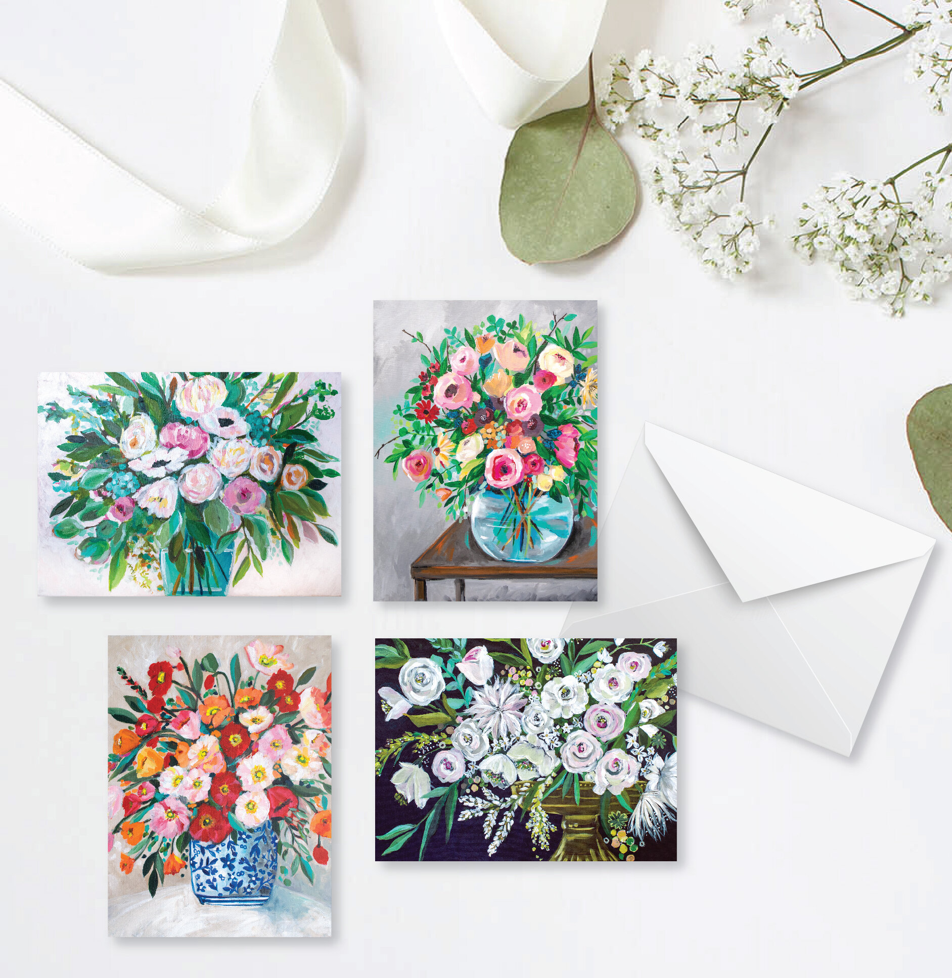 Note Card Multi Pack of 4 Cards, Floral Mix, 5.5 x 4 inch with White Envelopes
