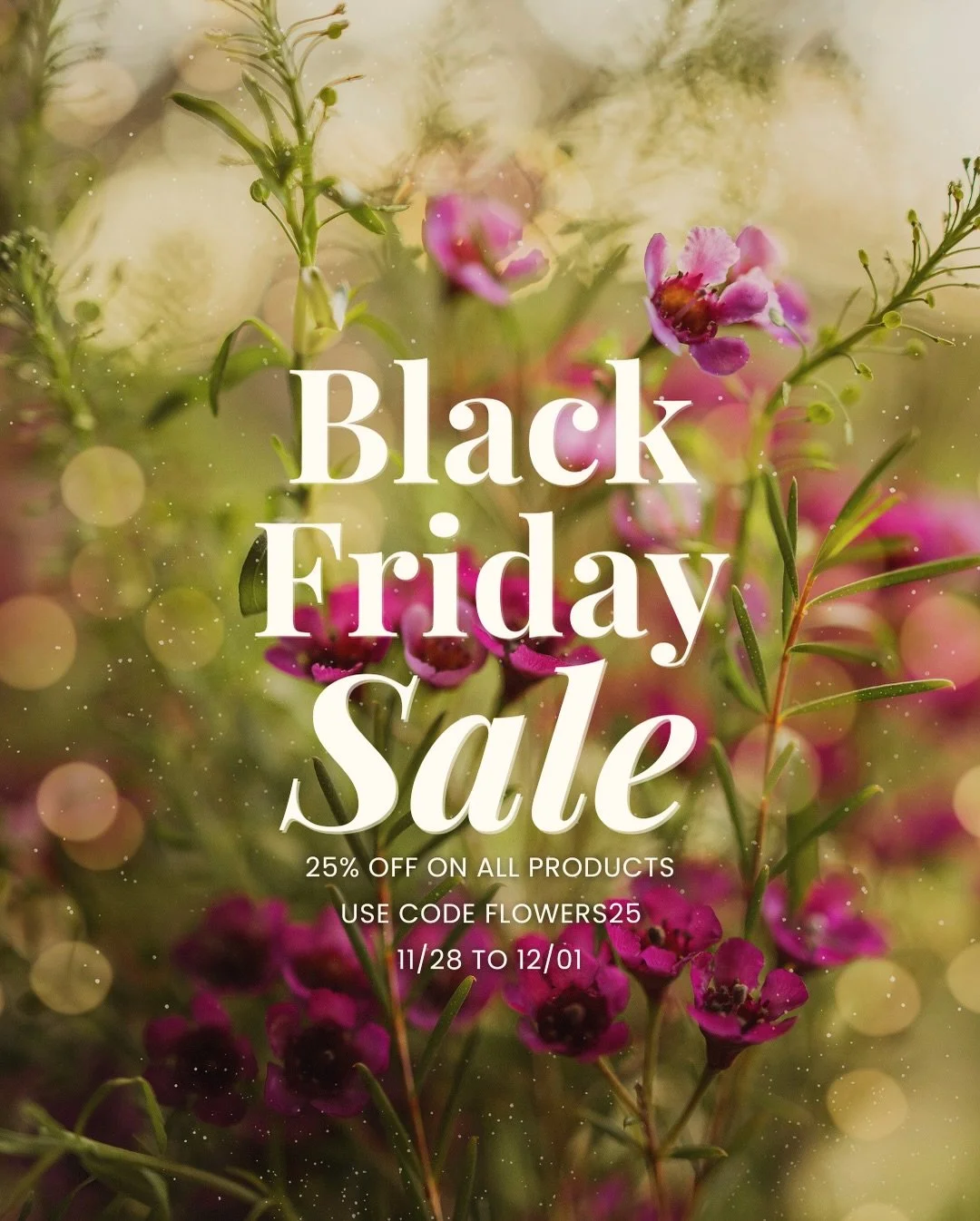 Hi friends! Just popping in to share my Black Friday sale going on in my website. 

✨Use code FLOWERS25 to get 25% off any product, including mini workshop, all presets and overlays! 

👉 Valid from 11/28 to 12/01

💐 Next Mini Workshops starts Janua