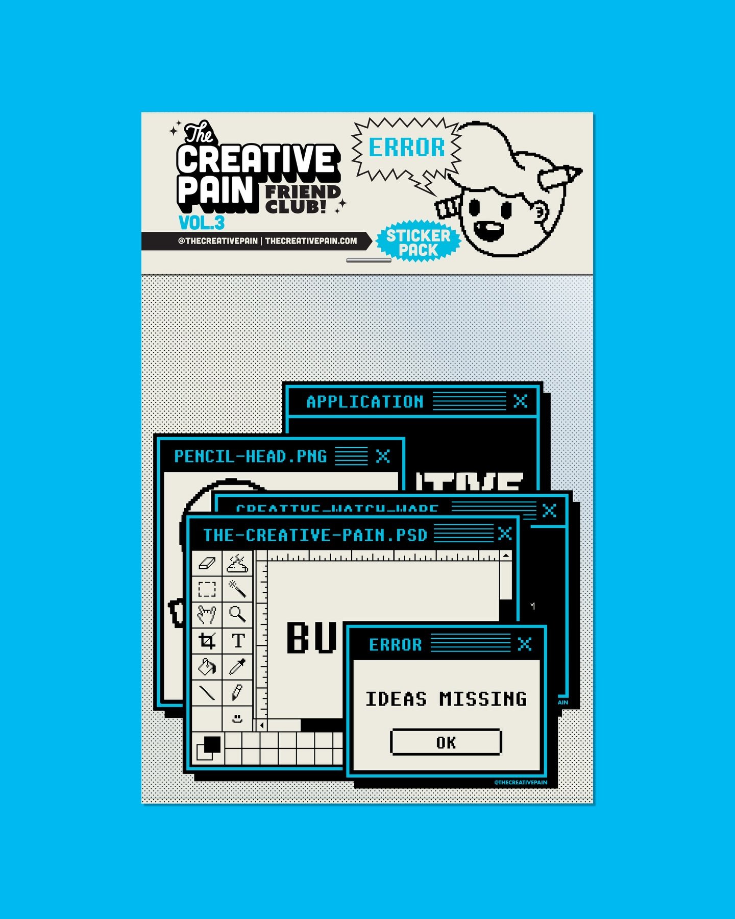 New Creative Pain Vol.3 sticker packs!!! I&rsquo;ve been waiting to share these for awhile now, and they turned out incredible!!! Very inspired by the computer errors of the past. Each sticker pack comes with 6 holographic matte finished sticker Prin