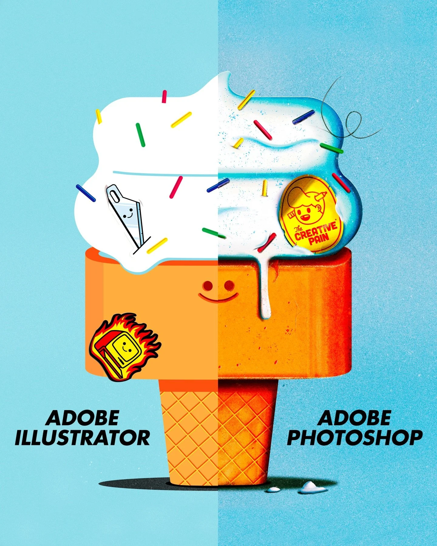 Should I illustrate in Adobe Illustrator or Photoshop? Why not both? 🍦

I get this question a lot, and the short answer is: either&mdash;it really depends on the project, style, and end use.

In the consumer products world, vector assets are often t
