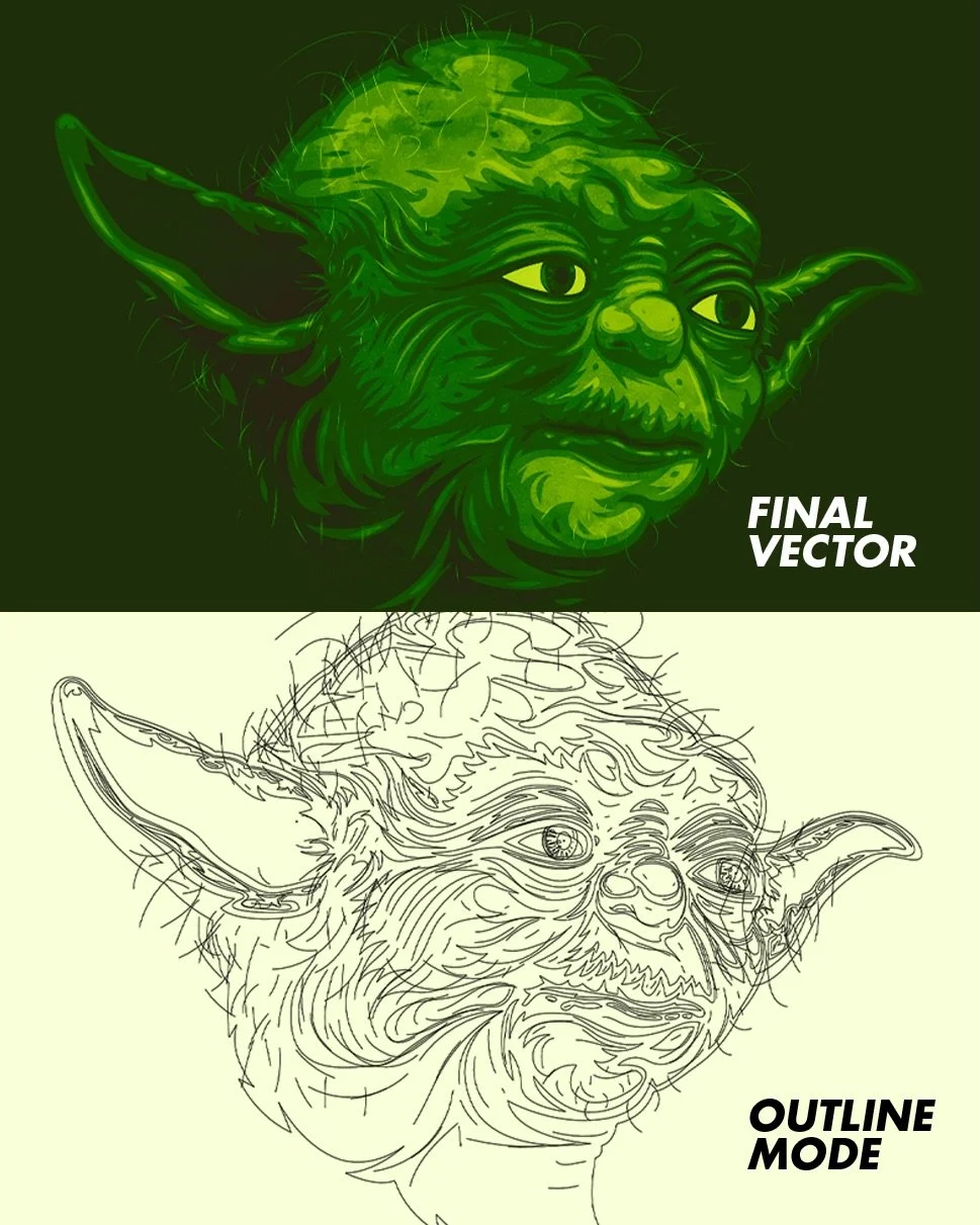 Behold all the vector glory. As tradition continues, one of my favorite illustrations of Yoda created in Adobe Illustrator. I&rsquo;ve always been a big fan of Star Wars, especially the earlier movies. Back when Yoda was a puppet. Such a fun characte