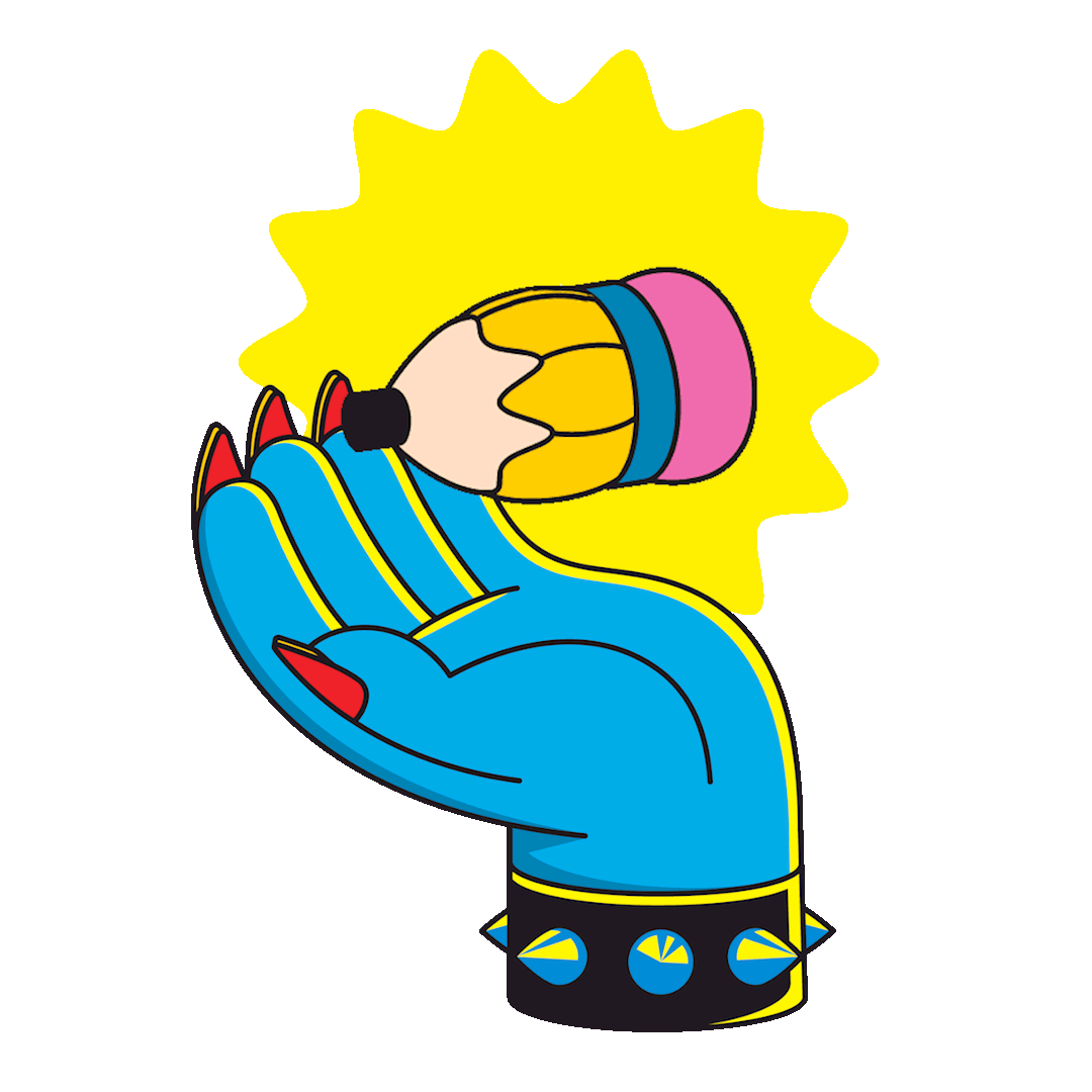 Colorful cartoon hand holding a yellow soccer ball in front of a bright yellow starburst background.
