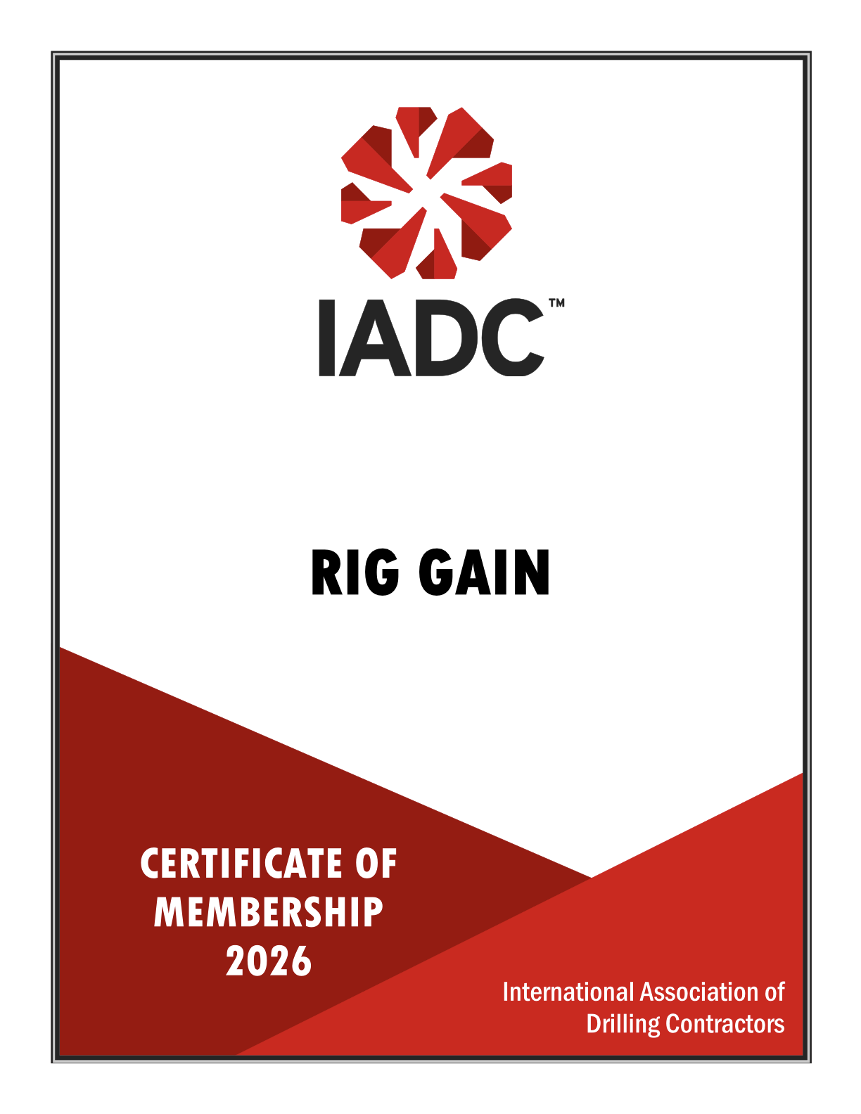 RIG GAIN IADC Membership Certificate 2026, iadc wellsharp, iadc wellcap