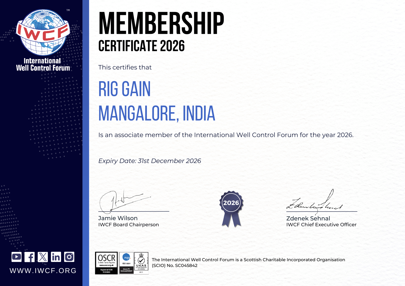 IWCF Membership Certificate RIG GAIN, Drilling Well Control, IWCF Well Intervention Courses at Level 4,3,2