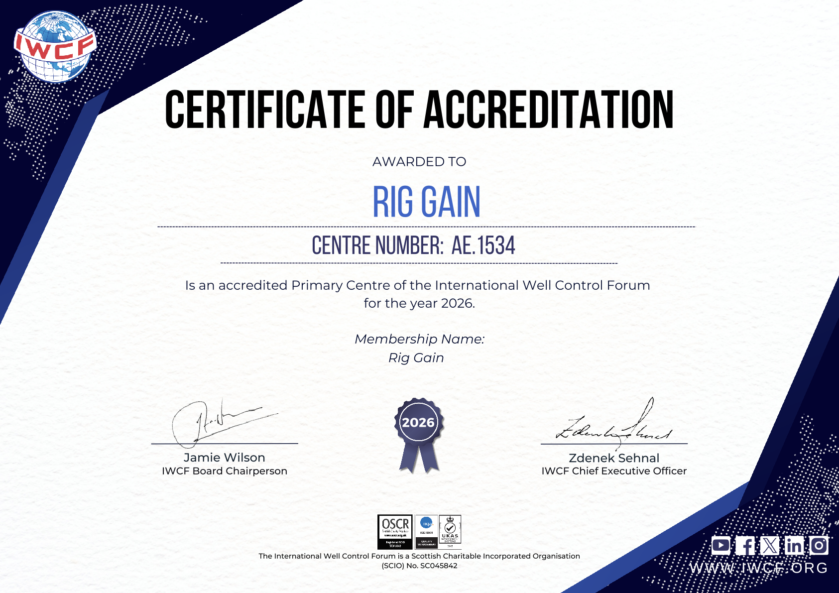Accreditation Certificate from the International Well Control Forum (IWCF) awarded to Rig Gain with Centre Number AE.1534, confirming its status as an accredited Primary Centre 2026