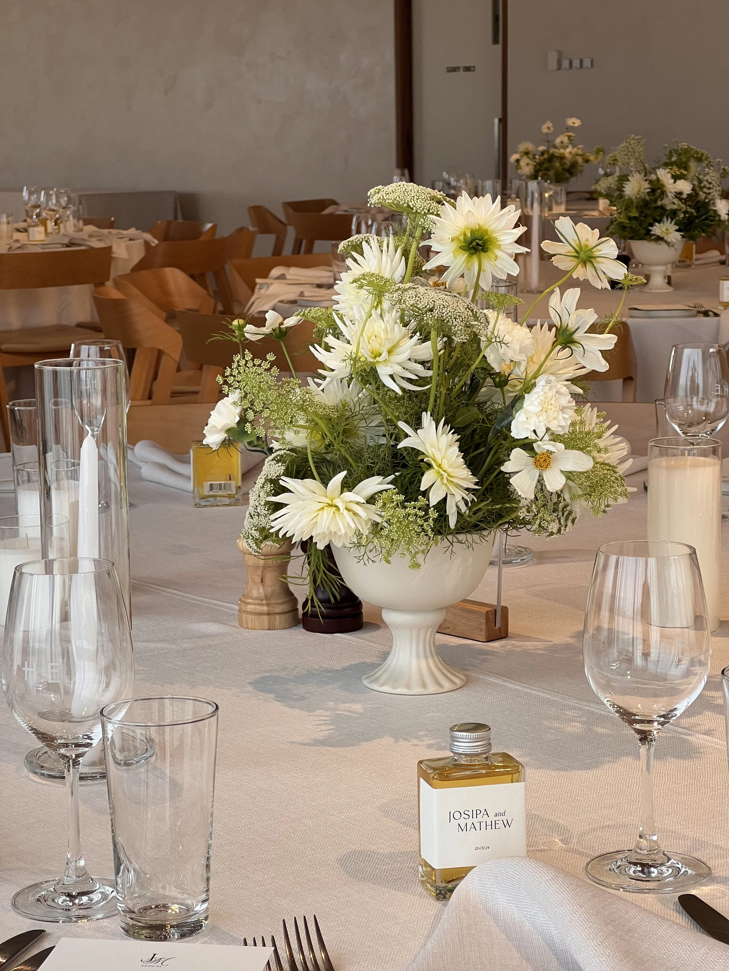 Garden style florals in compote at Harriett at Hubert Estate