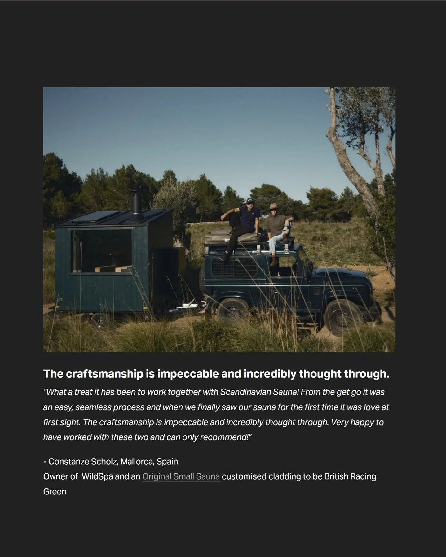 From one of our clients, who happens to have a pretty epic setup.
Scandinavian Sauna and a Landy, both in British Racing Green. 

Thank you @wildspa_ !

#scandinaviansauna
#nordicsauna
#mobilesauna
#OfficeSauna
#saunadesign
#saunalife
#saunatime
#wel