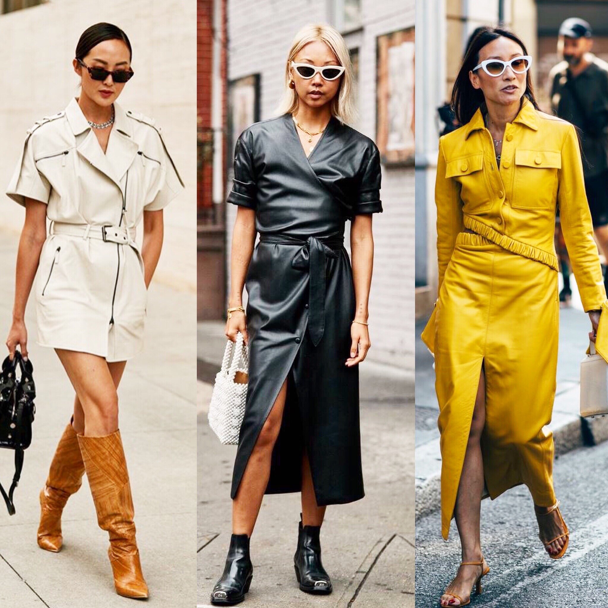   The easiest way to ease into leather dresses is to choose a silhouette you already love. Whether it’s a wrap dress or a shirt dress, opting for a leather version immediately elevates the look. For longer dresses, I’m super into a thigh slit moment 