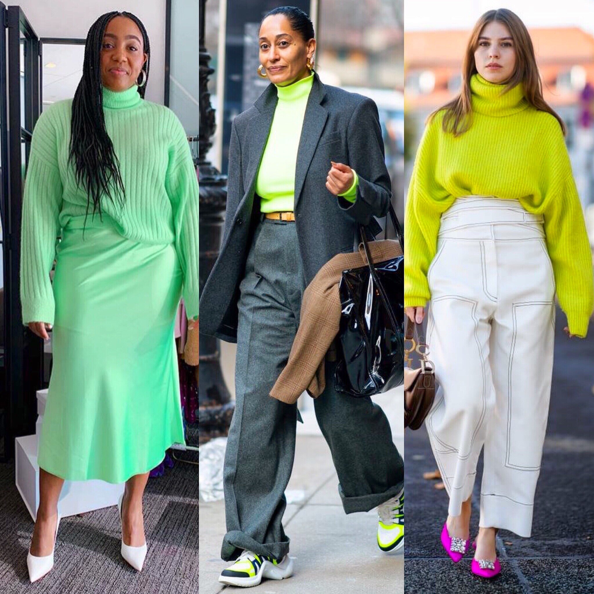   If you didn’t get enough neon or bright colors this summer, this is by far the chicest way to carry the trend into fall/winter. In addition to being cozy, it helps you avoid that all-black winter aesthetic we often fall prey to. You can go monochro