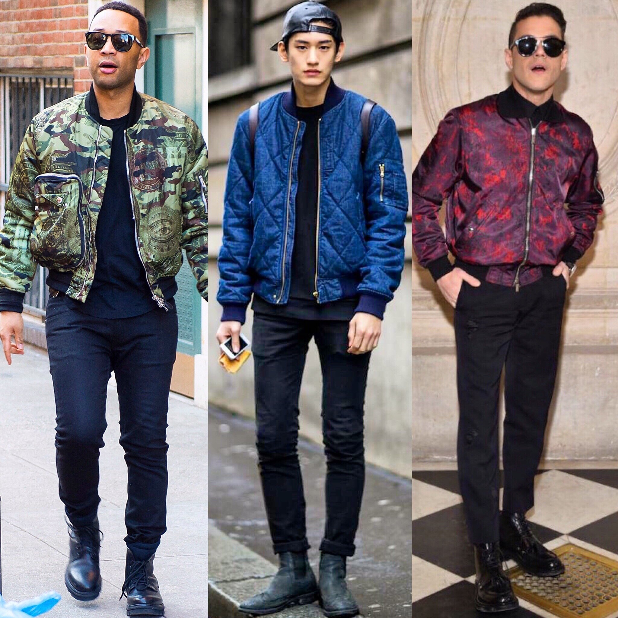   If you want your bomber to be the main event, the easiest way to style it is with an all-black look. Whether it’s printed or just a cool fabric like velvet, the all-black will make the bomber pop and is perfect for transitioning into a nighttime vi