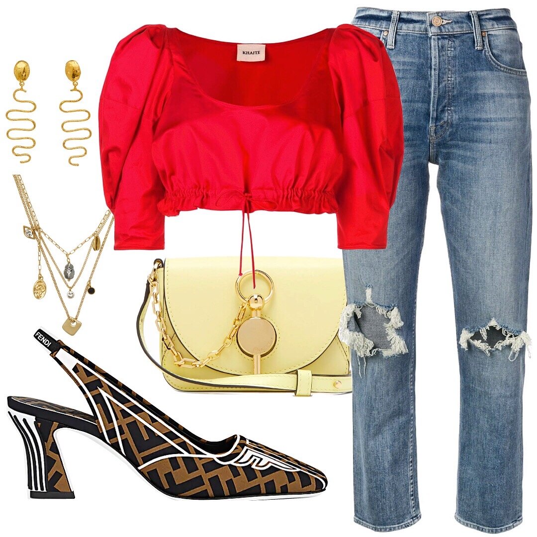  Earrings: Sylvia Toledano | Necklace: Isabel Marant | Bag: JW Anderson | Top: Khaite | Jeans: Mother Denim | Shoes: Fendi    If you’re not in the mood for a dress, you can still get in on the puff sleeve action with a cute crop top. By pairing the c