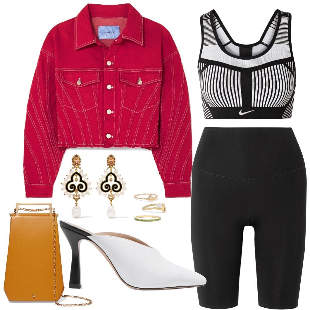  Earrings: Percossi Papi | Geo Ring: Sarah &amp; Sebastian | Pearl Ring: Meadowlark | Gem Ring: Ileana Makri | Bag: Maison Etnad | Jacket: Mugler | Top: Nike | Shorts: Wone | Shoes: Wandler   So one of my fave ways to style bike shorts is with a spor