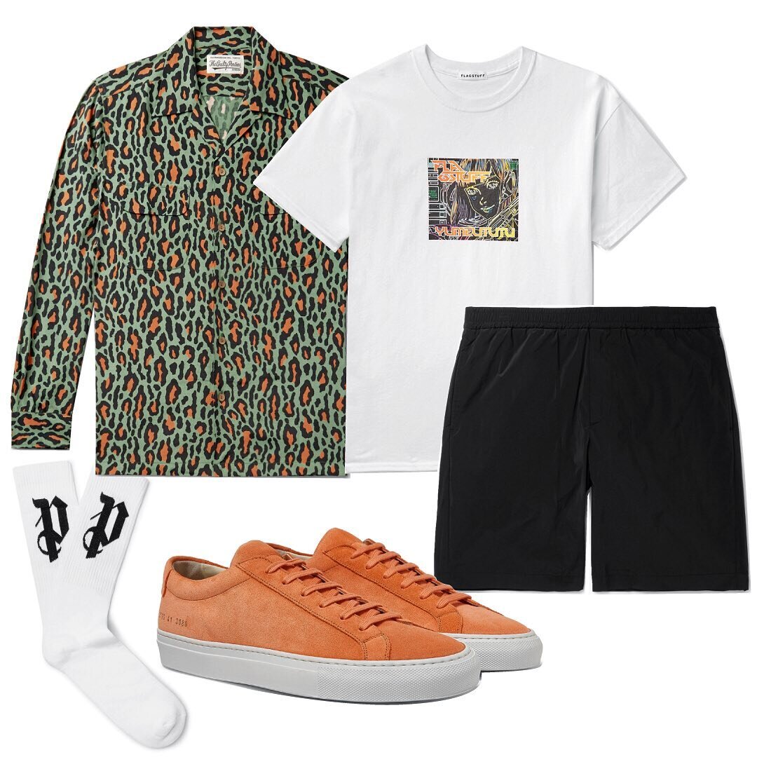  Button-up Shirt: Wacko Maria | T-shirt: Flagstuff | Shorts: Theory | Socks: Palm Angels | Shoes: Common Projects     Animal print, in and of itself, is super extra BUT to really level up try an animal print piece in a fun, non-neutral colorway. I’m 