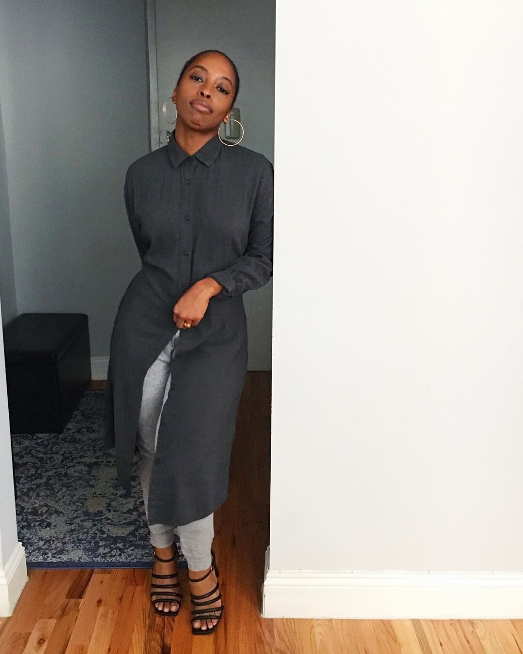   Shirt Dress + Sweatpants: Uniqlo | Shoes: Nine West      UNIQLO on the top and bottom because they’re my go-to for all of my comfy faves. I discovered their sweatpants right after moving to the city five years ago and copping a new pair is still th