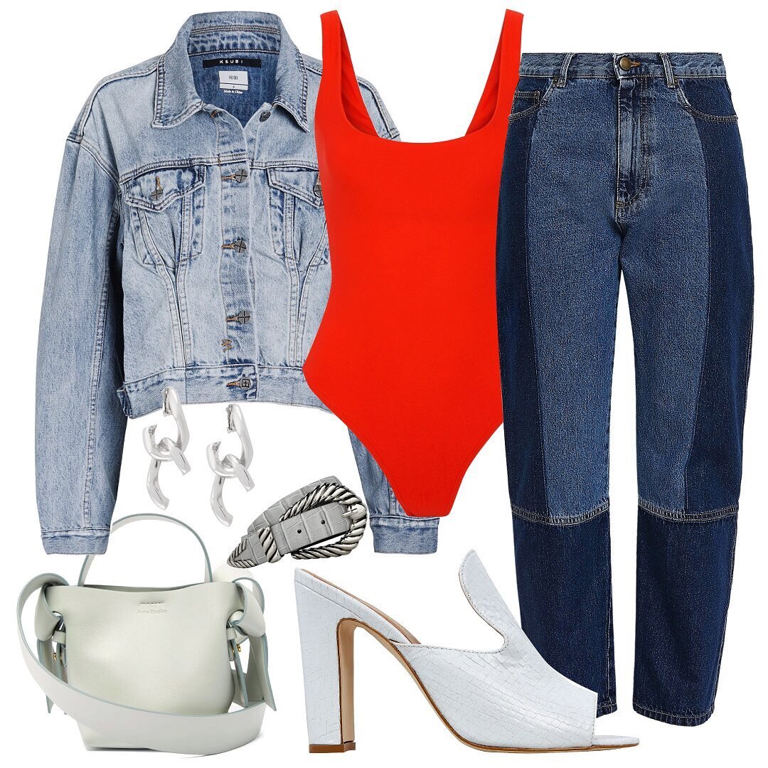  Earrings: Annelise Michelson | Belt: Alberta Ferretti | Bag: Acne | Jacket: KSUBI | Bodysuit: Alix NYC | Jeans: Alexander McQueen   Patchwork/colorblock denim is one of my fave spins on the average pair of jeans. Not only do you get multiple shade w