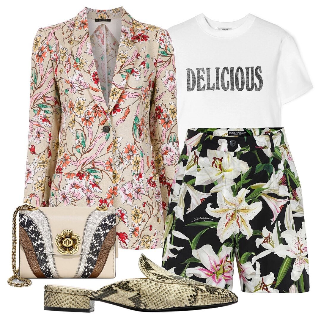  Bag: Coach | Blazer: À La Garçonne | T-shirt: Blouse | Shorts: Dolce &amp; Gabbana | Shoes: Cole Haan   4. The last style hack for print mixing is to mix similar prints in different scales and/or colorways. With this look, we combined a floral blaze