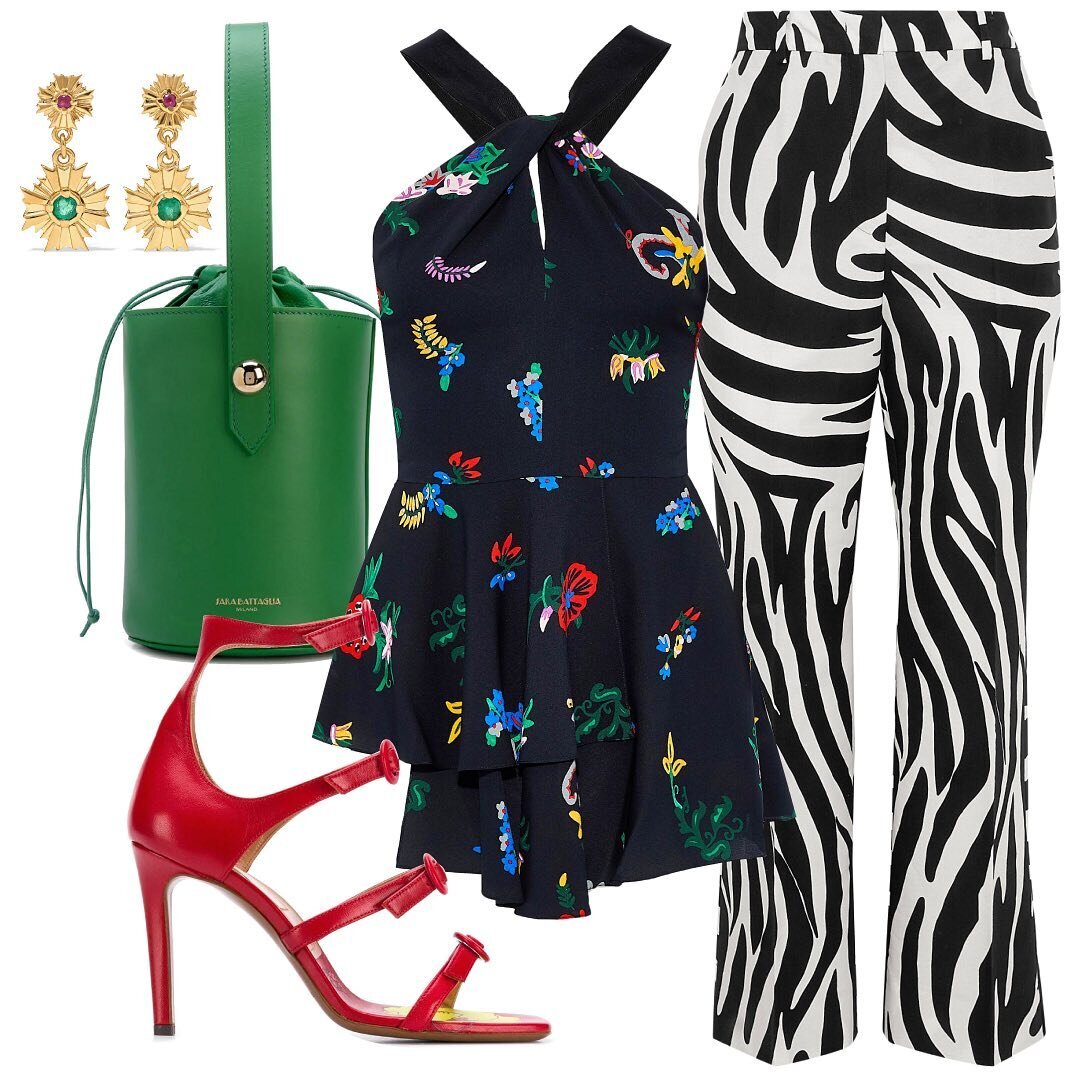  Earrings: Meadowlark | Bag: Sara Battaglia | Top: Novis | Pants: Max Mara | Shoes: L'Autre Chose   2. Another style hack for mixing prints is to pair a black + white or neutral print with a more colorful one. The black/white print serves as a neutra