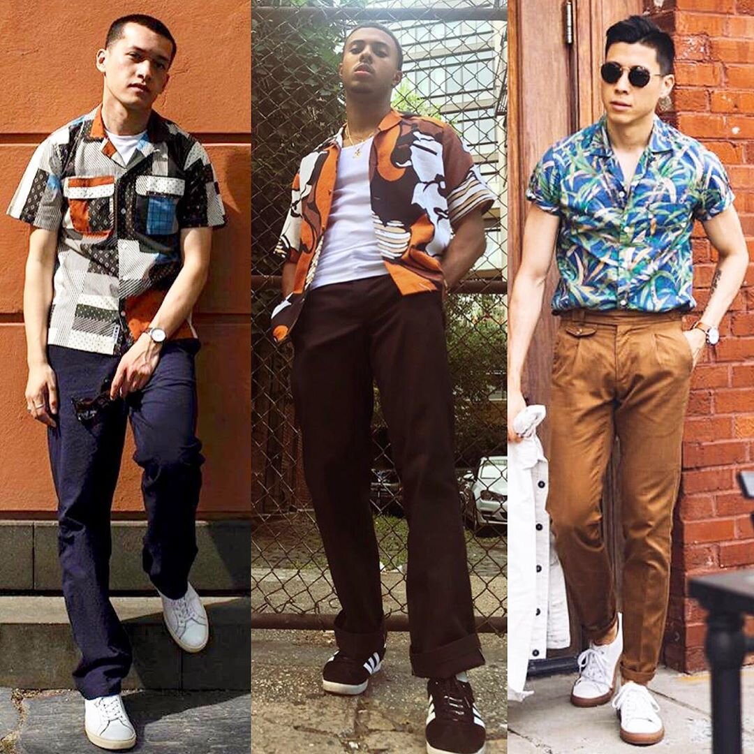   Another winning look is pairing your camp shirt with trousers, a tee and lowtop kicks or loafers. My fave thing about camp-collar shirts are that they come in the coolest prints. Since they can be paired with almost any solid trouser (slim or strai