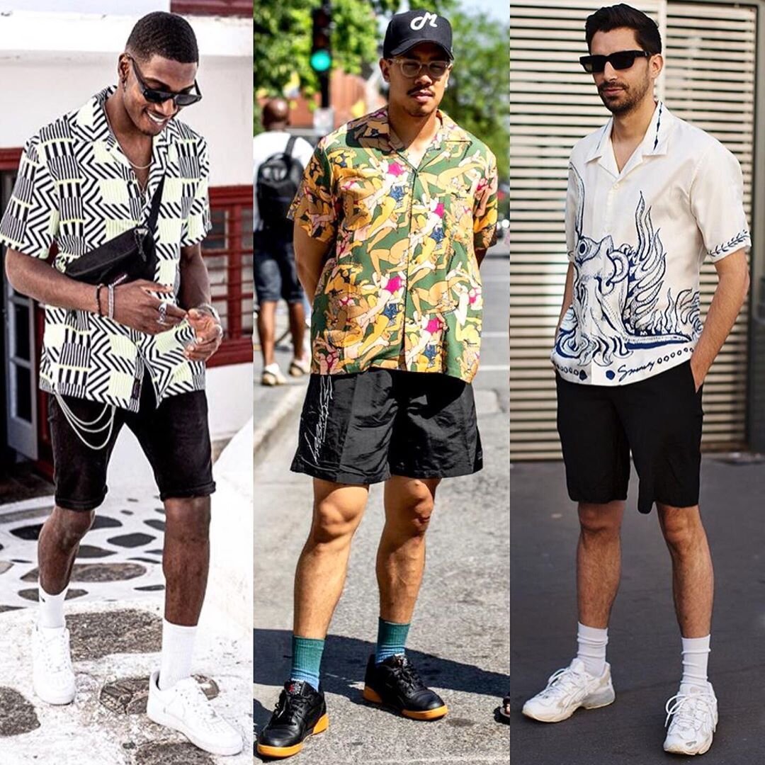   A camp-collar shirt with shorts, lowtop sneakers and crew socks is one of my fave combos and also one of the easiest to pull off. For the shorts, choose a pair that hits a few inches above the knee (or higher, if you’re trynna live your best hot bo