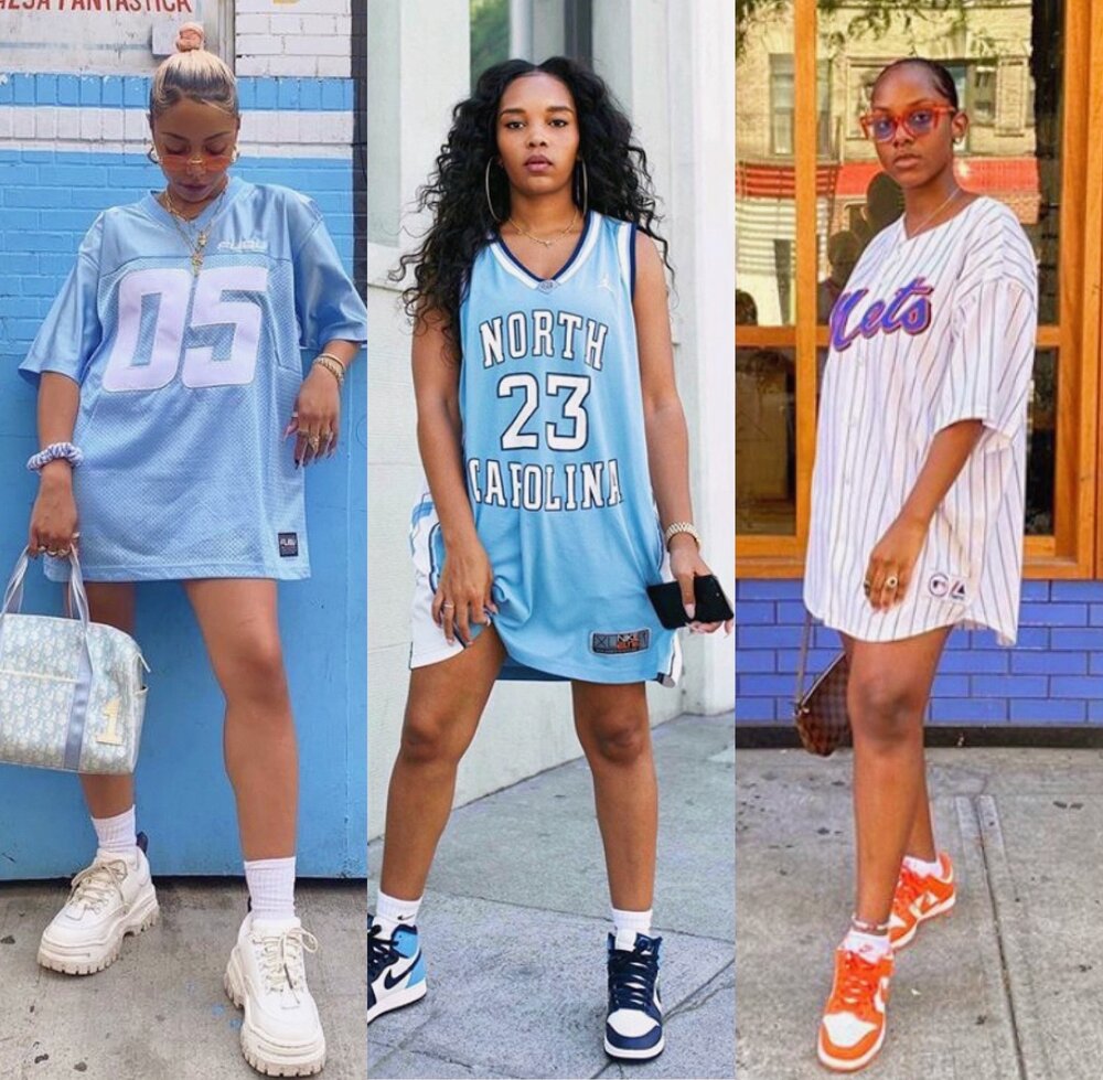   (from left:    @wuzg00d    |    @callmemshunter    |    @splashofmelanin   )   STYLING INSPO #1// As someone who loves a pants-free aesthetic, the oversized jersey dress is definitely my favorite way to style. To achieve this look, you should size 