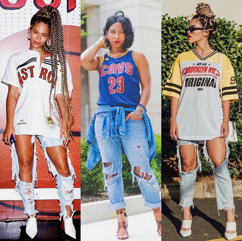   (from left:    @beyonce    |    @sweeneestyleblogger    |    @rayzanicacio   )   STYLING INSPO #3// Though this distressed jeans and heels combo is the most dressed-up of the bunch, it still feels effortless. For this look, the jersey can be closer