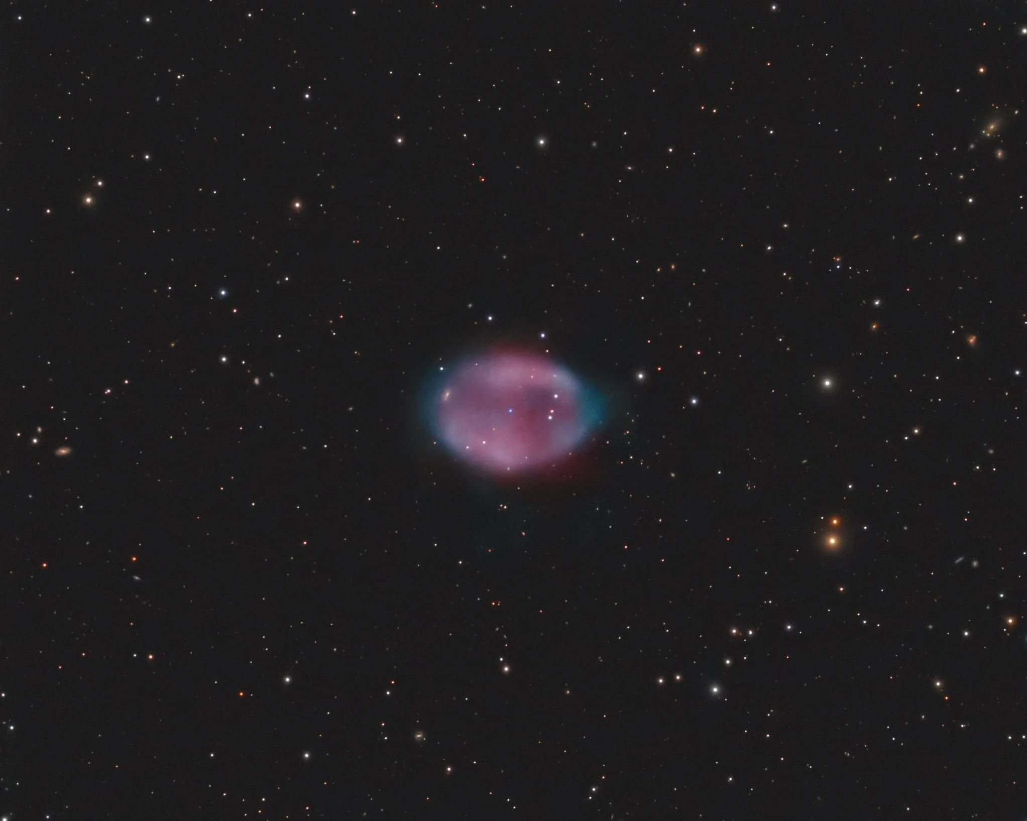 PN G136.7+61.9 is a planetary nebula in Ursa Major.PN G136.7+61.9 is extremely faint planetary nebula with size of about 7 arcminute that was discovered in 2013 by analysing data from the SDSS spectroscopic survey. The Sloan Digital Sky Survey or SDSS is a major multi-spectral imaging and spectroscopic redshift survey using a dedicated 2.5m wide-angle optical telescope at Apache Point Observatory in New Mexico, United States. The project was named after the Alfred P. Sloan Foundation, which contributed significant funding.This is the first colour image ever taken of PN G136.7+61.9 planetary nebula. In appearance, as well as low surface brightness, this planetary nebula could be called "Night Owl Nebula".This image taken over several nights in May 2021.L-channel - 52 x 150 sec. bin 1x1;R-channel - 24 x 150 sec. bin 1x1;G-channel - 24 x 150 sec. bin 1x1;B-channel - 24 x 150 sec. bin 1x1;Ha- 59 x 900 sec. bin 2x2;OIII- 50 x 900 sec. bin 2x2.Total integration time about 32:25 hours.My setup: Telescope 8" Celestron Schmidt-Cassegrain (SCT) CPC800 GPS (XLT) on the equatorial wedge, focal reducer Starizona Night Owl 0.4х, Feq=864mm, camera Starlight Xpress Trius SX694, SX mini filter wheel, filters Astrodon LRGB E-series gen.2, Astrodon Ha 5nm, Astrodon OIII 3nm.Capture and processing software: MaxIm DL6, PHD2, PixInsight, StarTools, Photoshop CC, Zoner photo studio 14.North at the top.Copyright: Boris Vladimirovich