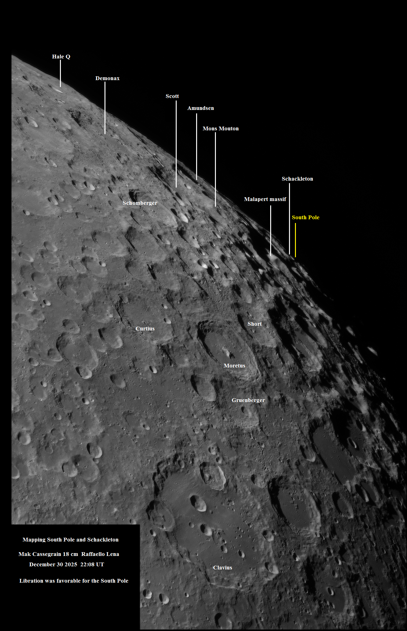 Annotated lunar image showing the Moon’s south polar region near the limb, with labeled craters including Shackleton, Clavius, Moretus, and Curtius, highlighting the location of the lunar South Pole under favorable libration.