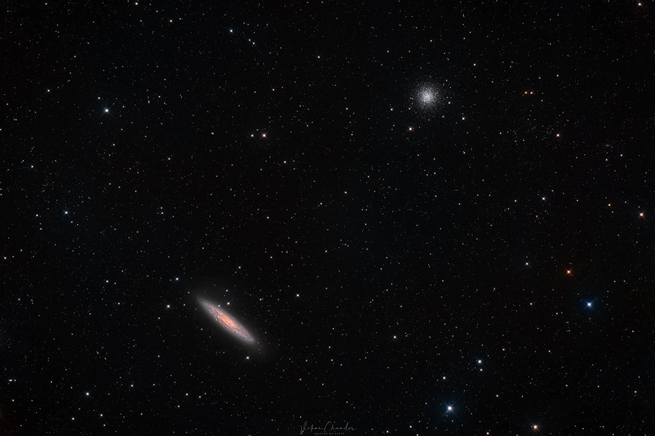 Edge-on Sculptor Galaxy NGC 253 with glowing dust lanes at lower left and the globular cluster NGC 288 at upper right, surrounded by a dark, star-filled background, imaged from Deep Sky Chile.