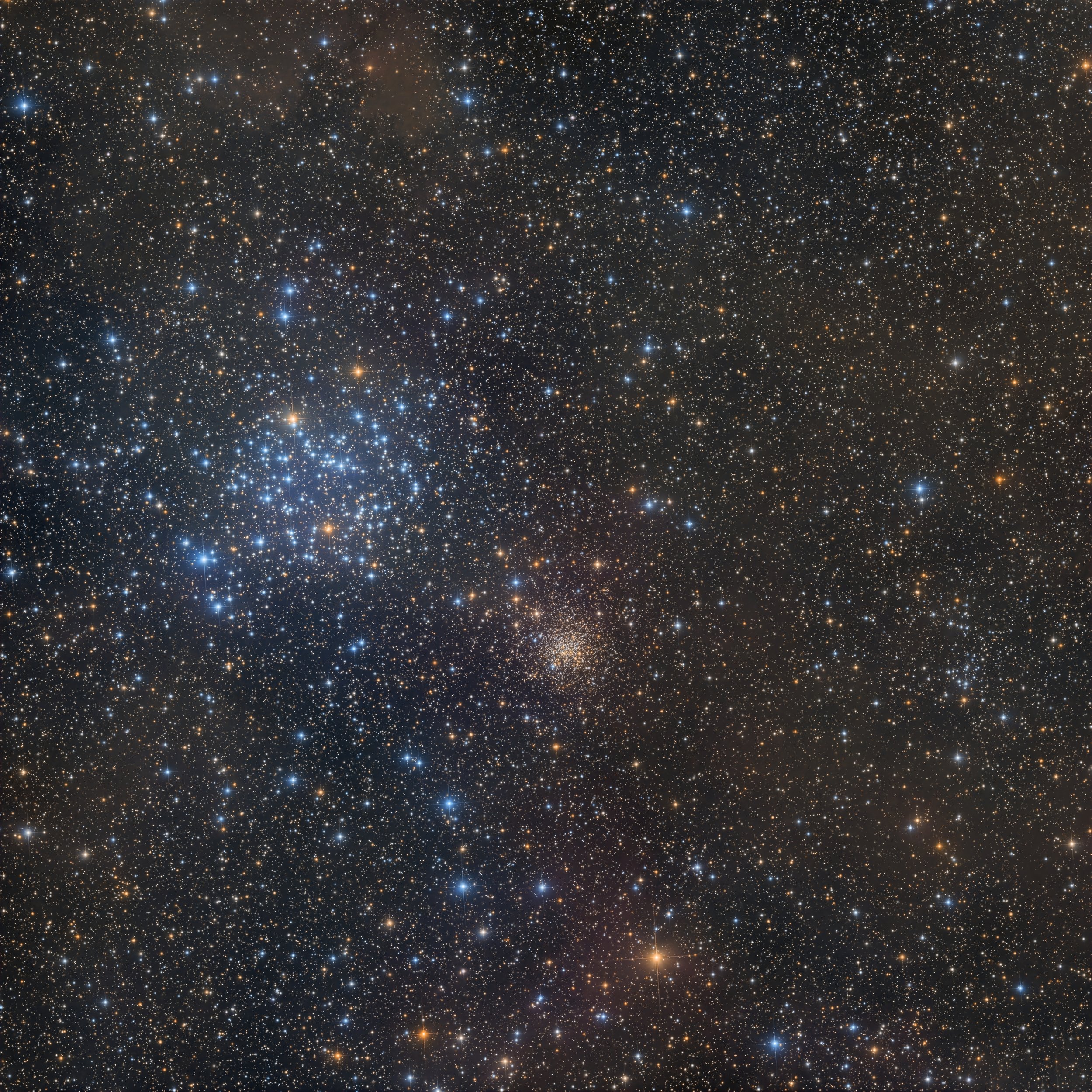 Widefield telescopic image of the open star cluster Messier 35 with the distant compact cluster NGC 2158 nearby in a rich Milky Way star field.