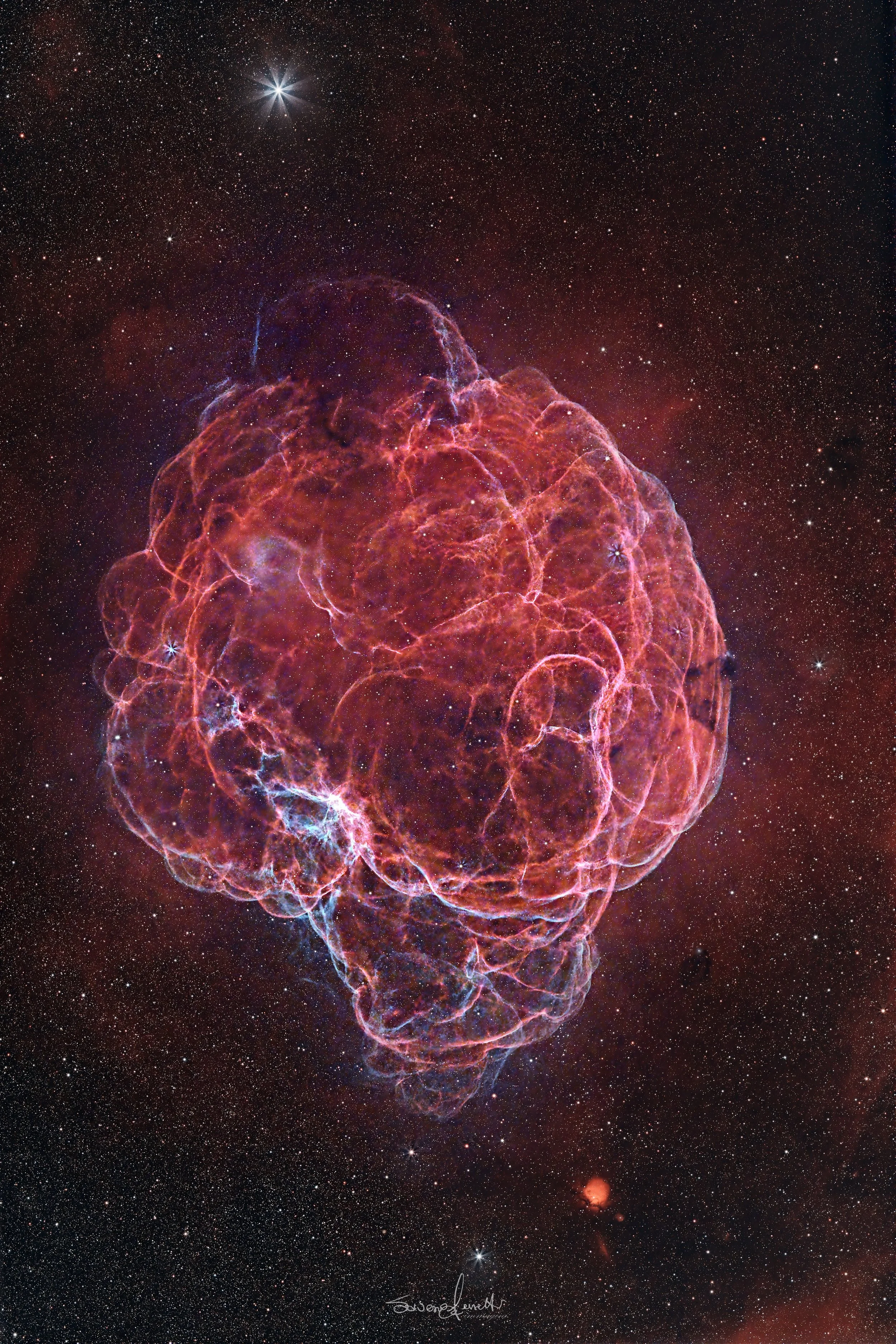 Simeis 147 supernova remnant showing tangled filaments of ionized gas, captured in narrowband from Forca Canapine in central Italy.