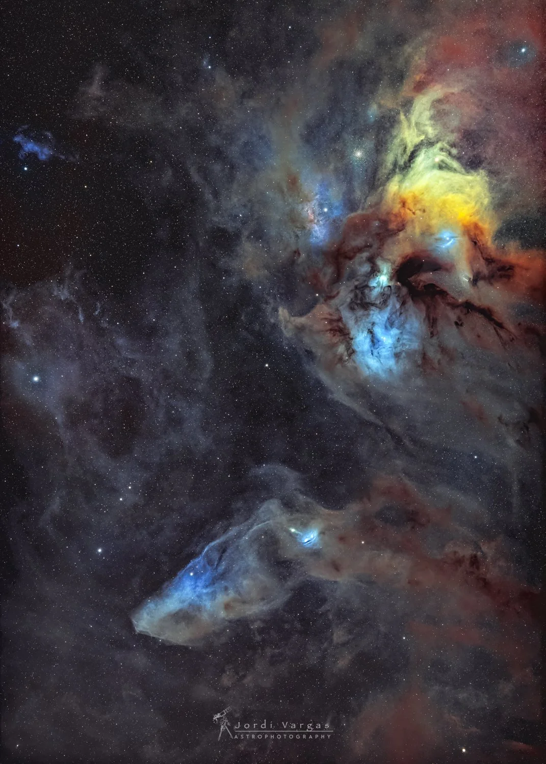 The Rho Ophiuchi region in Scorpius showing blue reflection nebulae, yellow dust clouds, and red emission nebulae captured from Tivoli Astro Farm, Namibia.