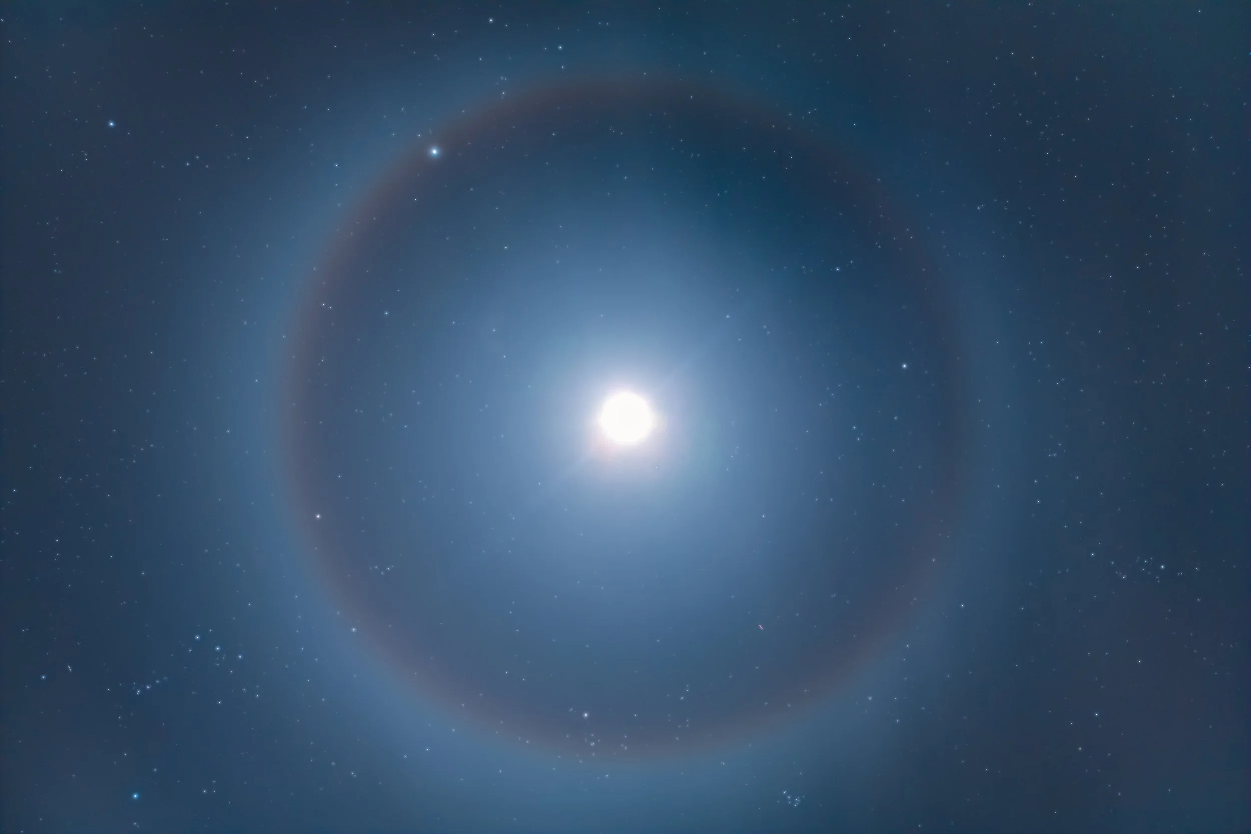 A bright full Moon encircled by a complete 22-degree halo above a star-filled winter sky in Doda, Jammu and Kashmir, India.