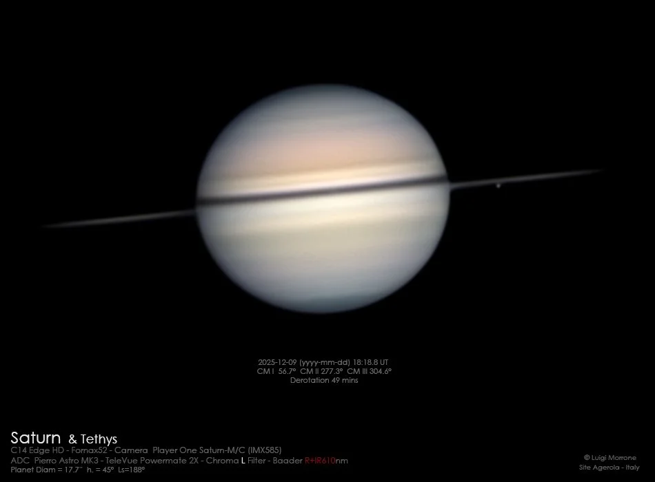 Saturn imaged under good seeing conditions with its rings nearly edge-on, while the moon Tethys appears close to the thin ring plane.