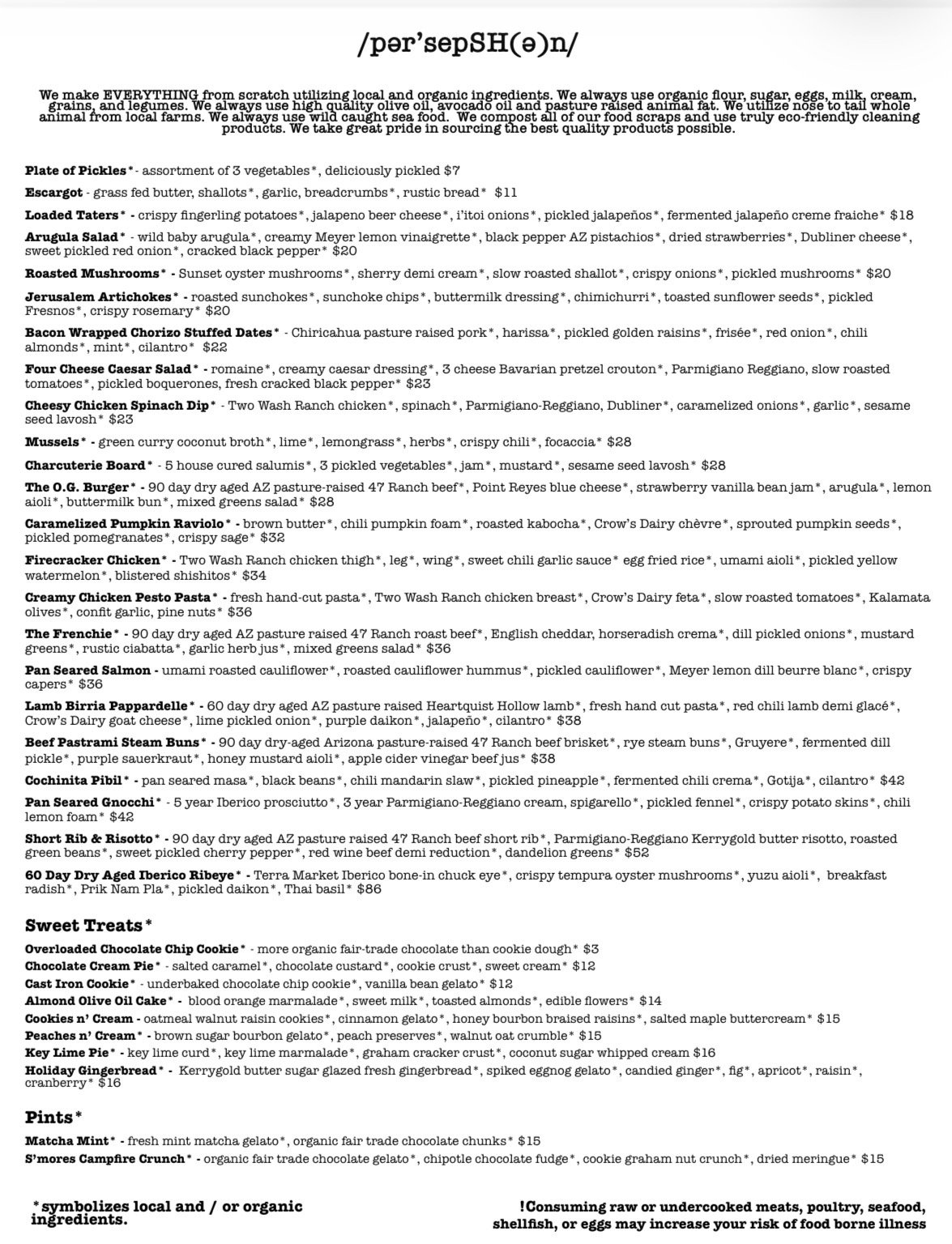 A menu with various food items and descriptions, including vegetables, salads, sandwiches, pasta, seafood, meat dishes, desserts, and drinks, with prices listed.