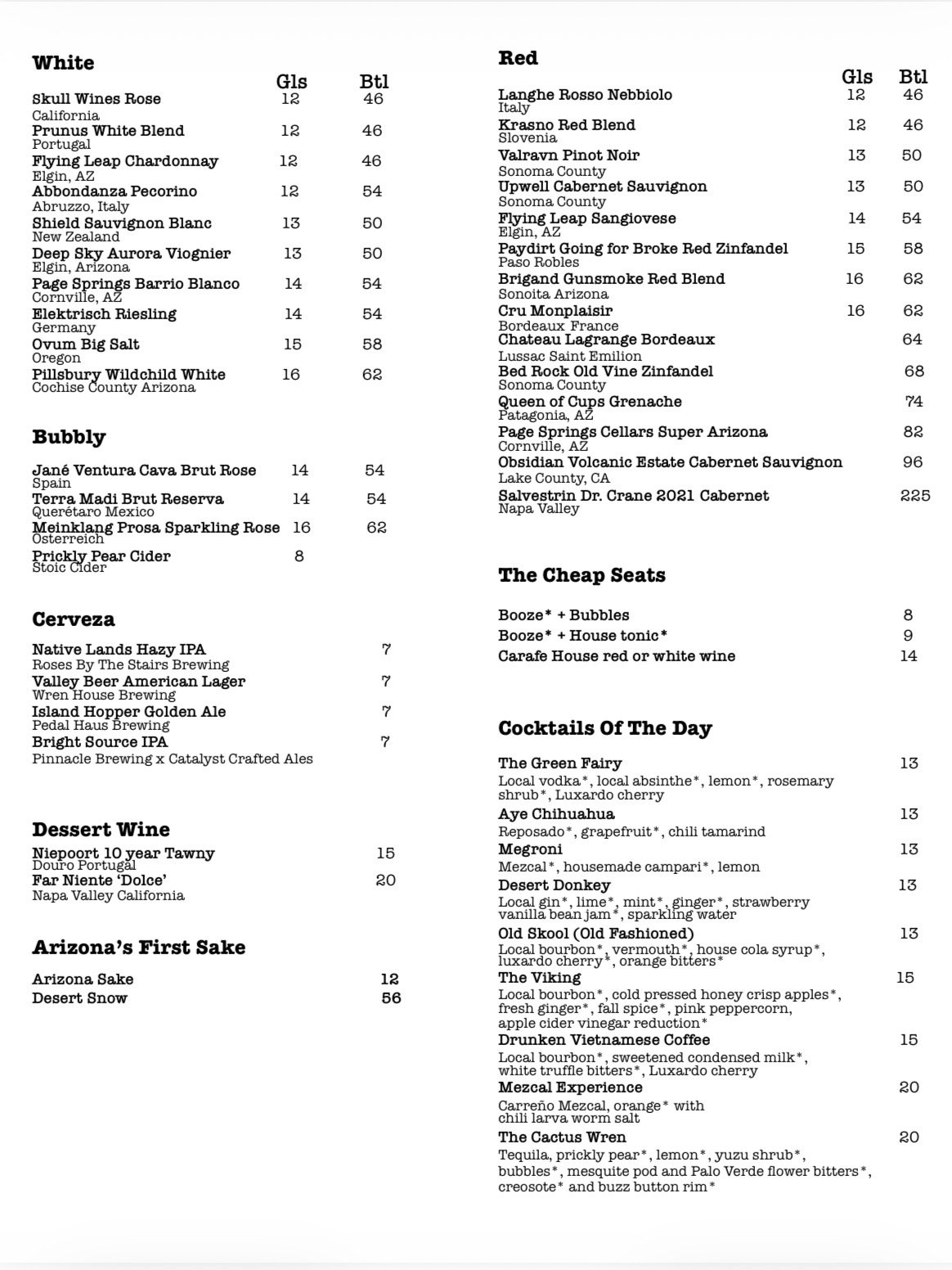 Wine menu listing various wines by category: White, Bubbly, Cerveza, Dessert Wine, Red, The Cheap Seats, and Cocktails of the Day, with wine names, prices, and origin details.