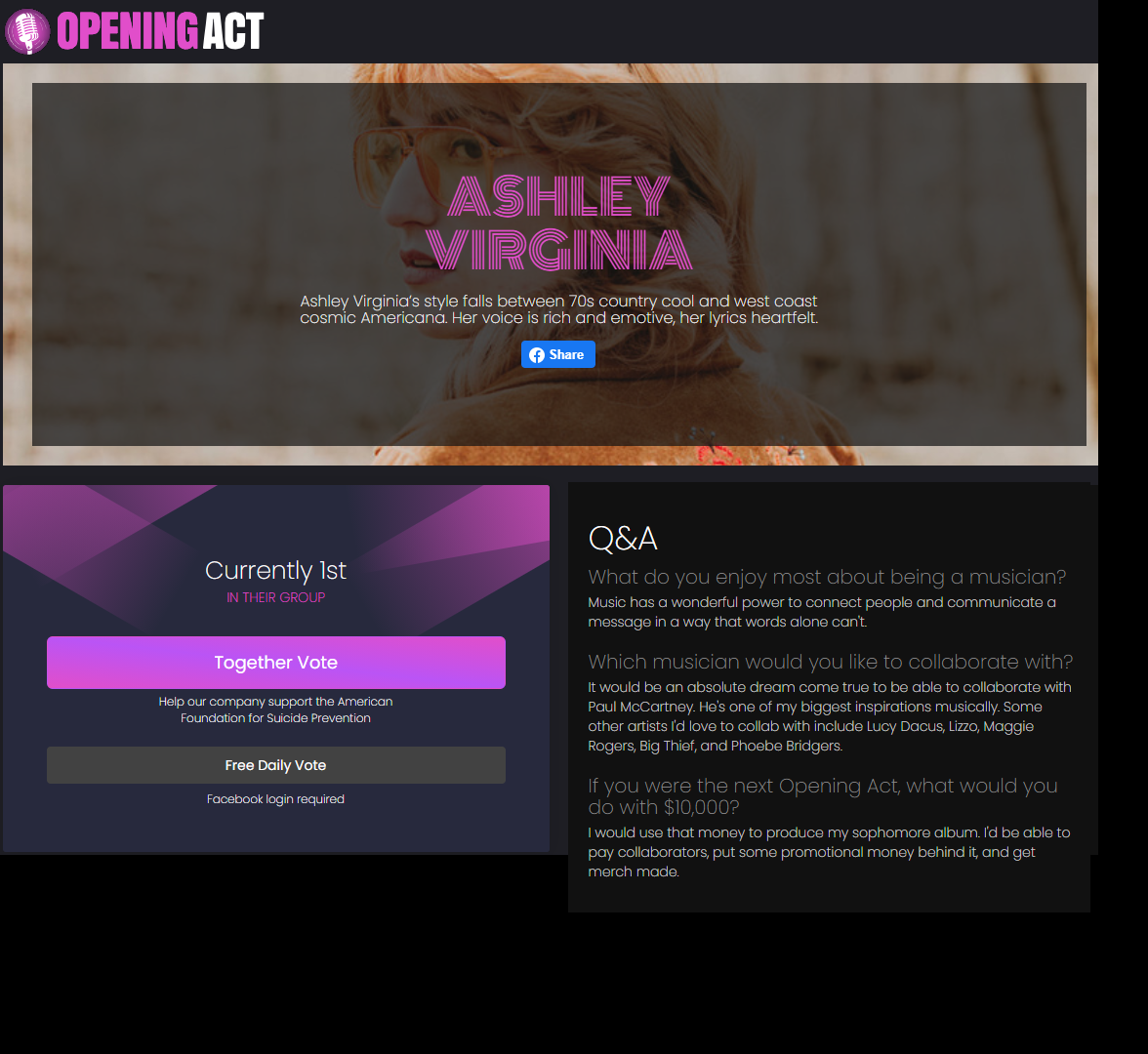 Vote for Ashley in the Opening Act Contest