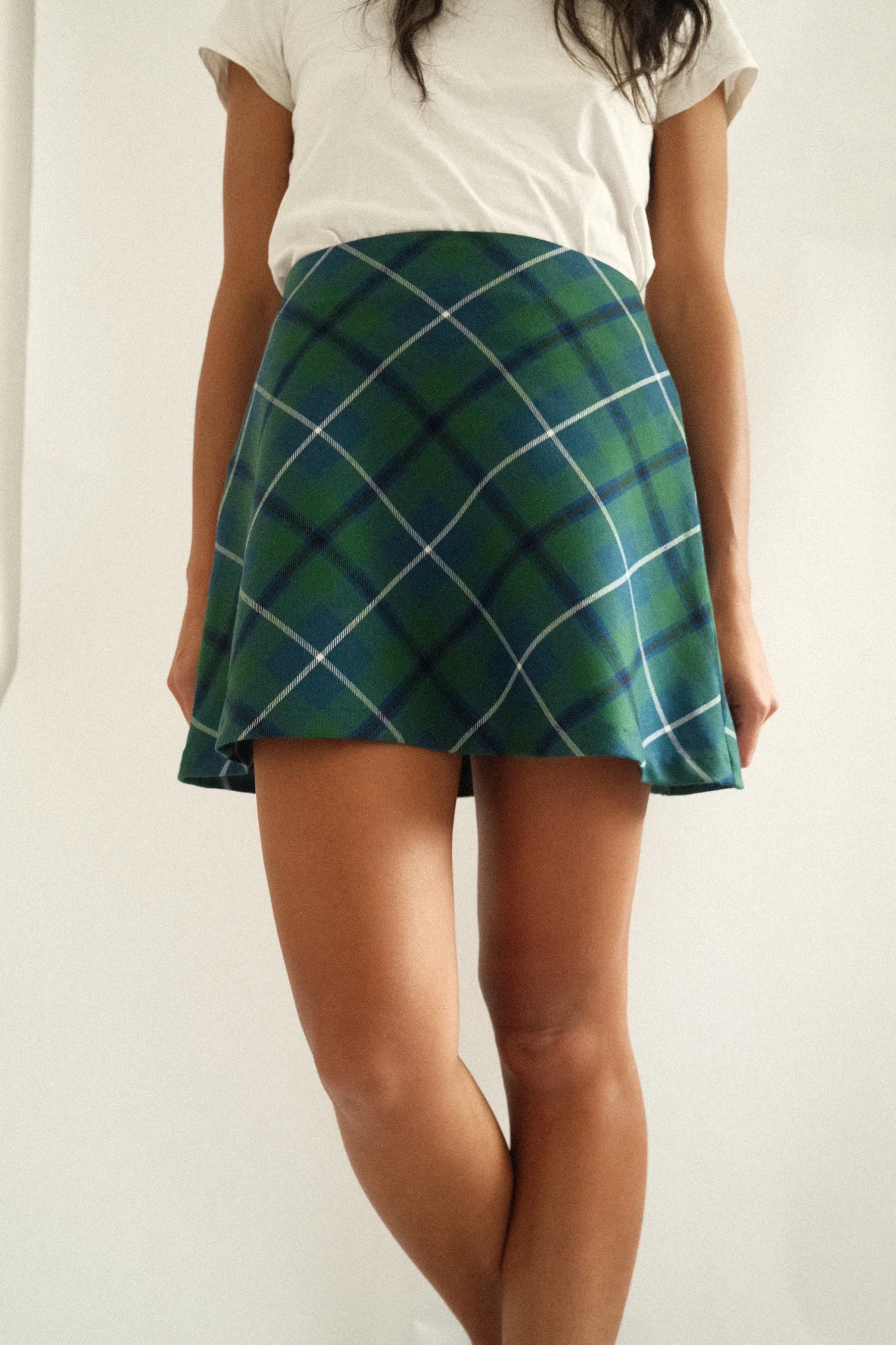 A-line mini skirt - blue & green tartan styling 3.JPG