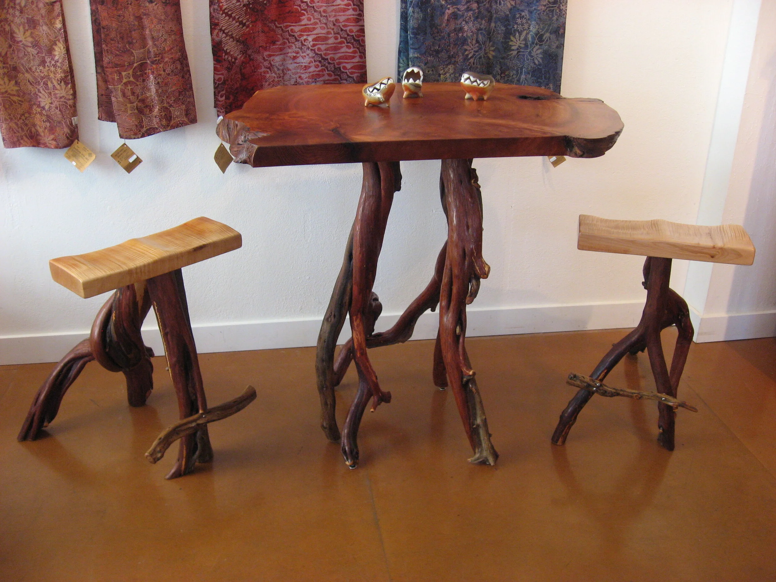 JENN'S TABLE - Quinault Cedar live edge burl slice with Oregon Juniper branch legs and Maple seats on stools