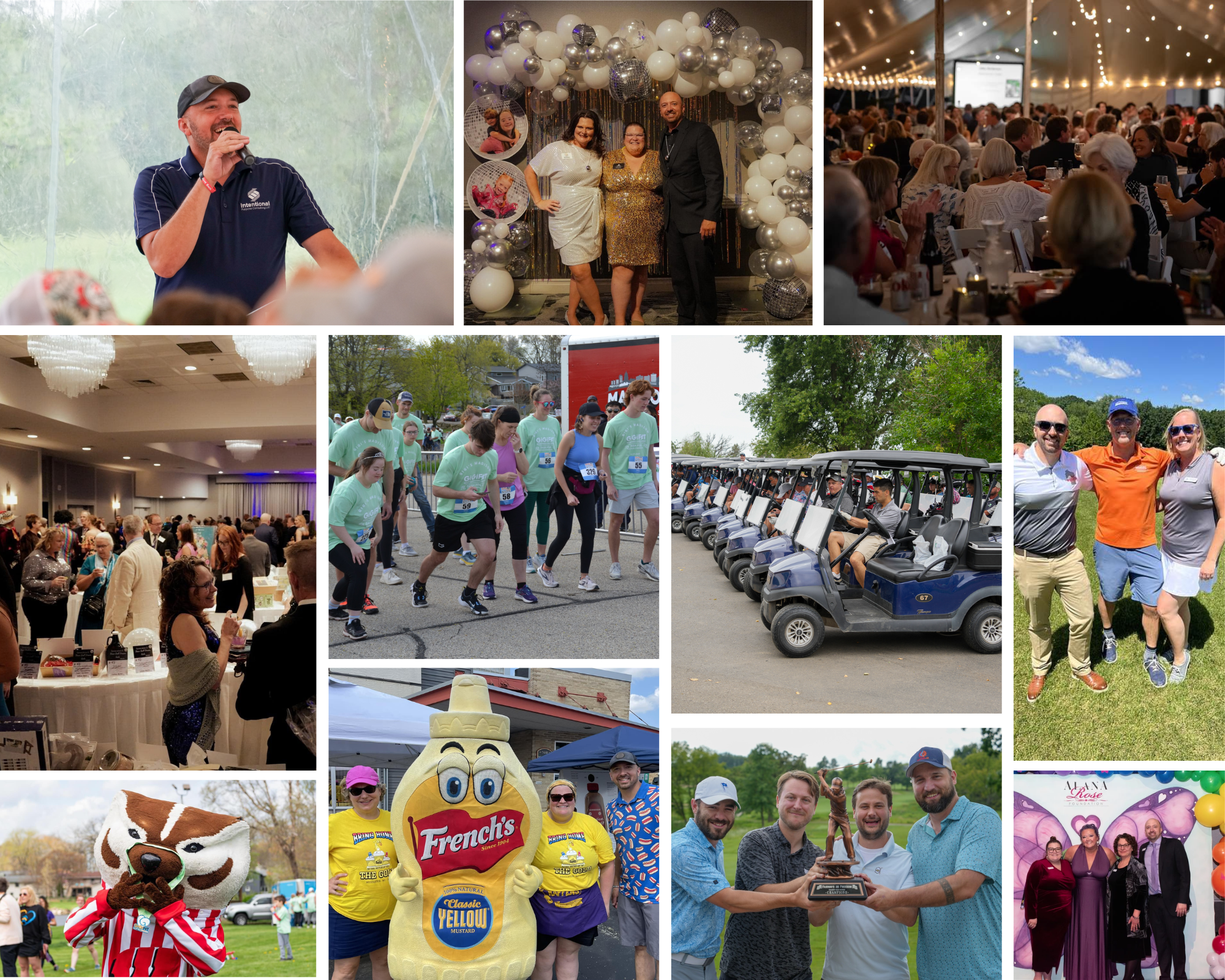 Collage of various scenes including a man speaking at an event, people at a party with balloons, an outdoor gathering, people participating in a race, a group on golf carts, a mascot, and a group photo with an award.