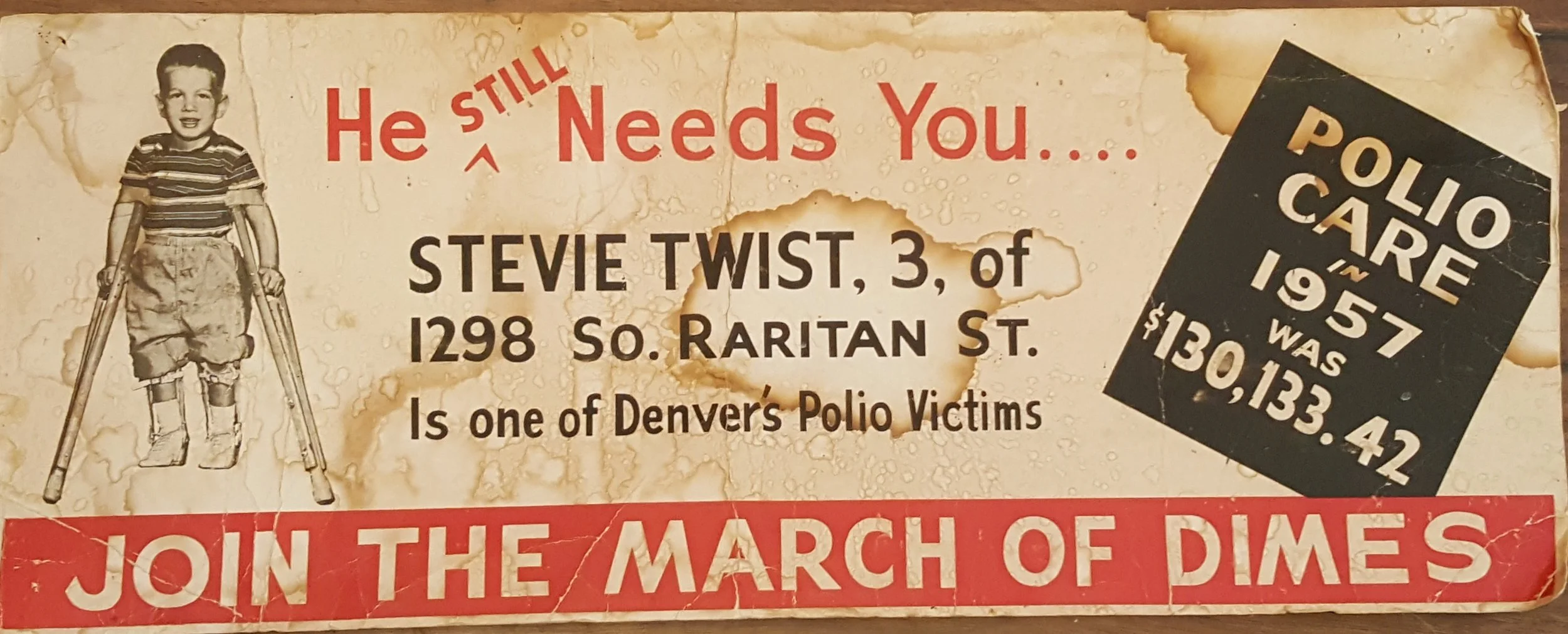 March of Dimes bus card from 1958 showing Stevie Twist, age 3, standing on crutches and leg braces, with the caption He Still Needs You
