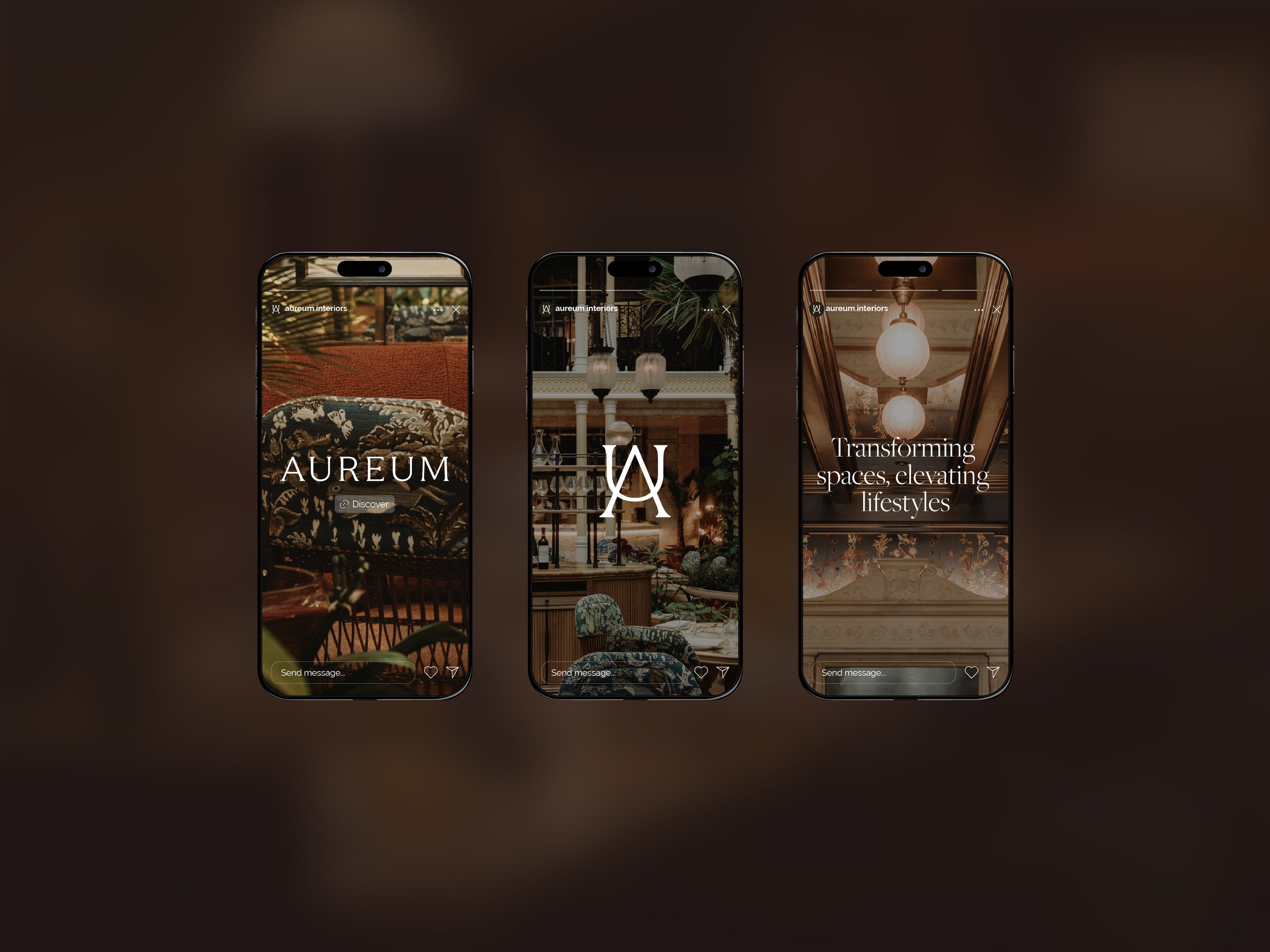 A collection of phones showing Aureum's social media. All phones have a beautiful interior image and showcases the Aureum logotype, the monogram and a message: "Transforming spaces, elevating lifestyles'.