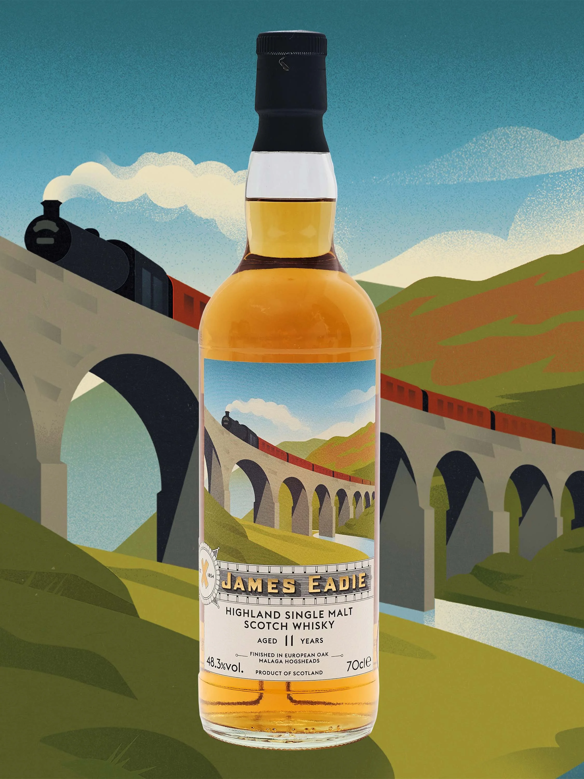 Display of the Highland bottle, cut out in the centre. The background shows the illustration related to the bottle. it is a bridge with a train crossing it, a river and some mountains. Tones are light blue, yellows, light greens and dark red details
