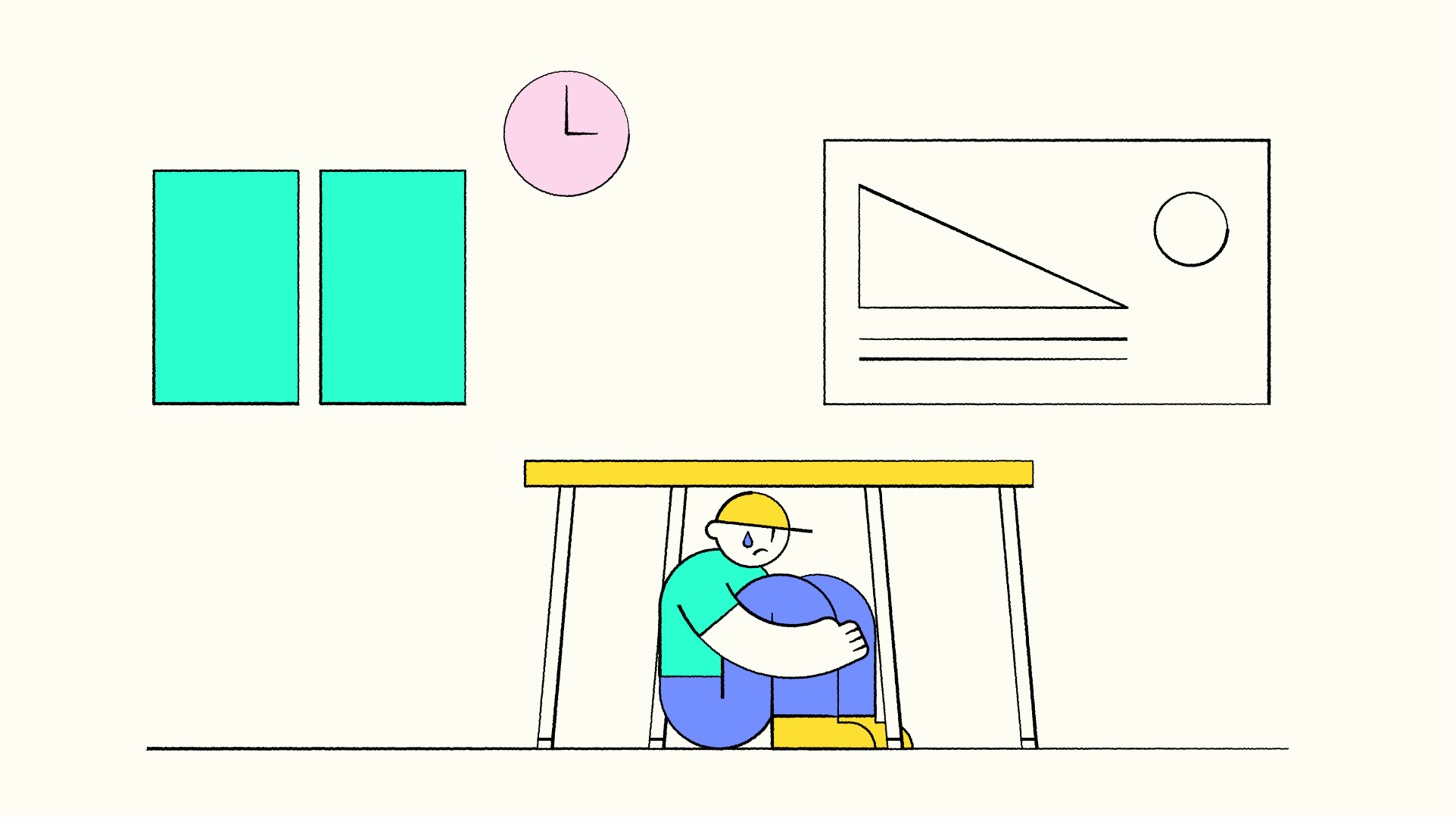 Line illustration of a person hiding underneath a table in an office environment, the person is crying.