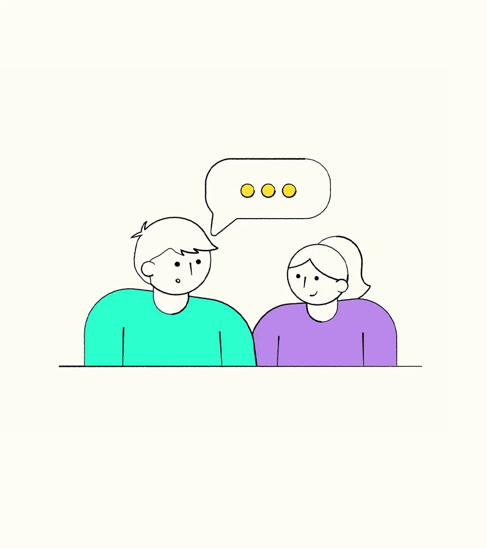 Line illustration of two people having a conversation, there is a speech bubble with a dotted line in coming from the person on the left.