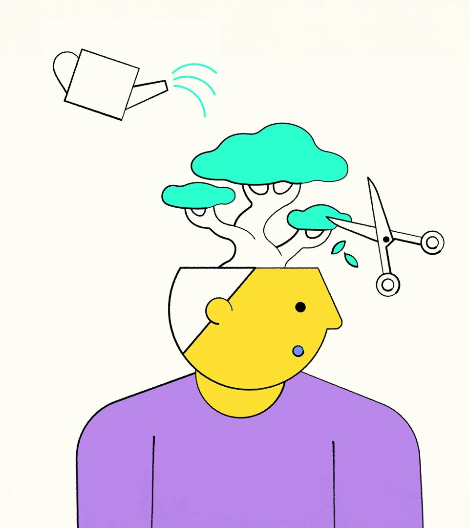 Line illustration of a person with a bonsai tree coming out of the top of their head, the tree is being pruned with scissors and watered at the same time.